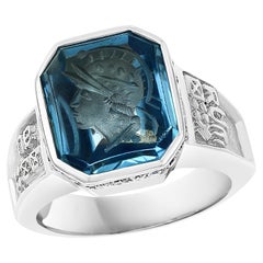 8 Carat Carved Natural Blue Topaz and Diamond Unisex Ring 18 Karat Gold, Estate