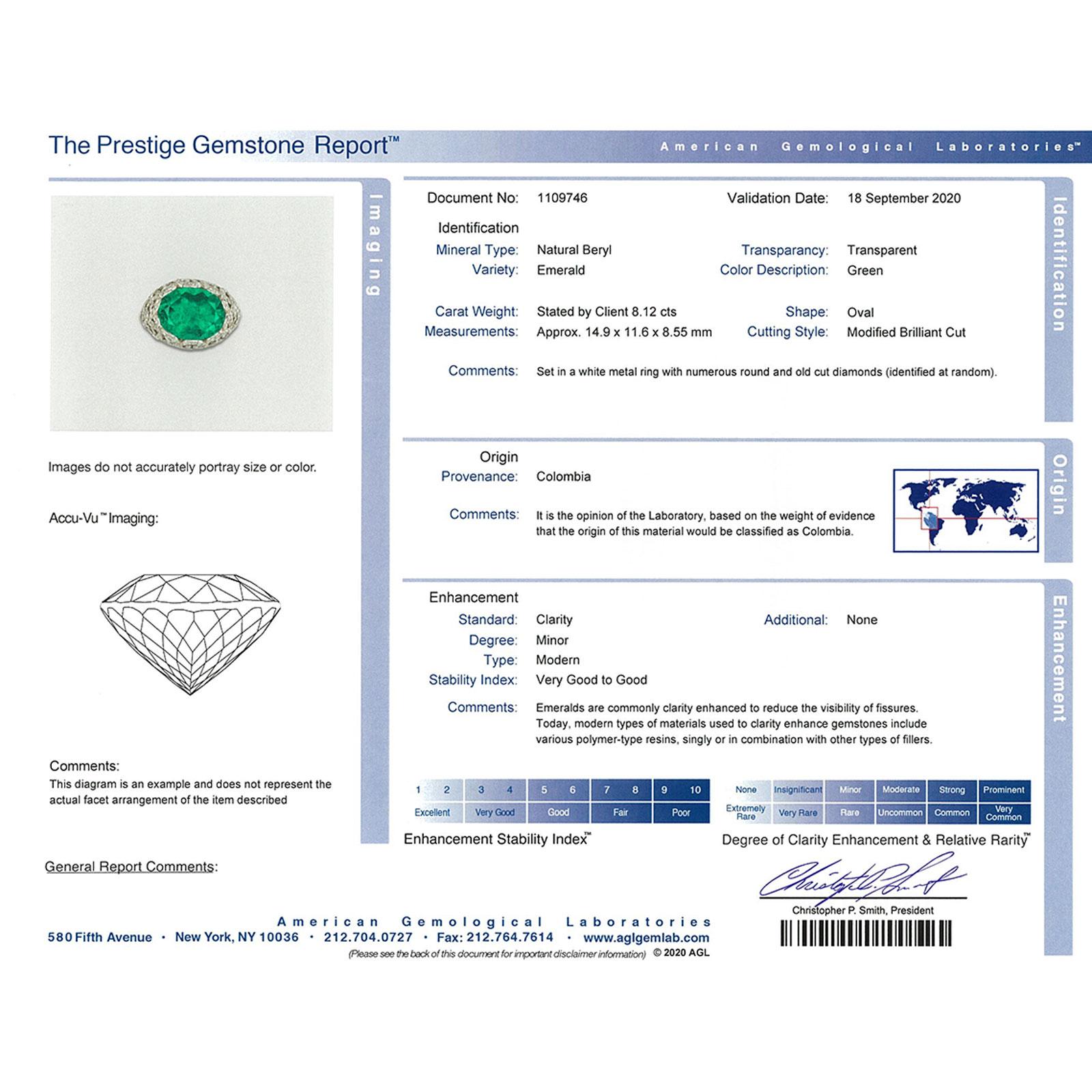 Women's 8 Carat Columbian Emerald Diamond Platinum Cocktail Ring AGL Certificate