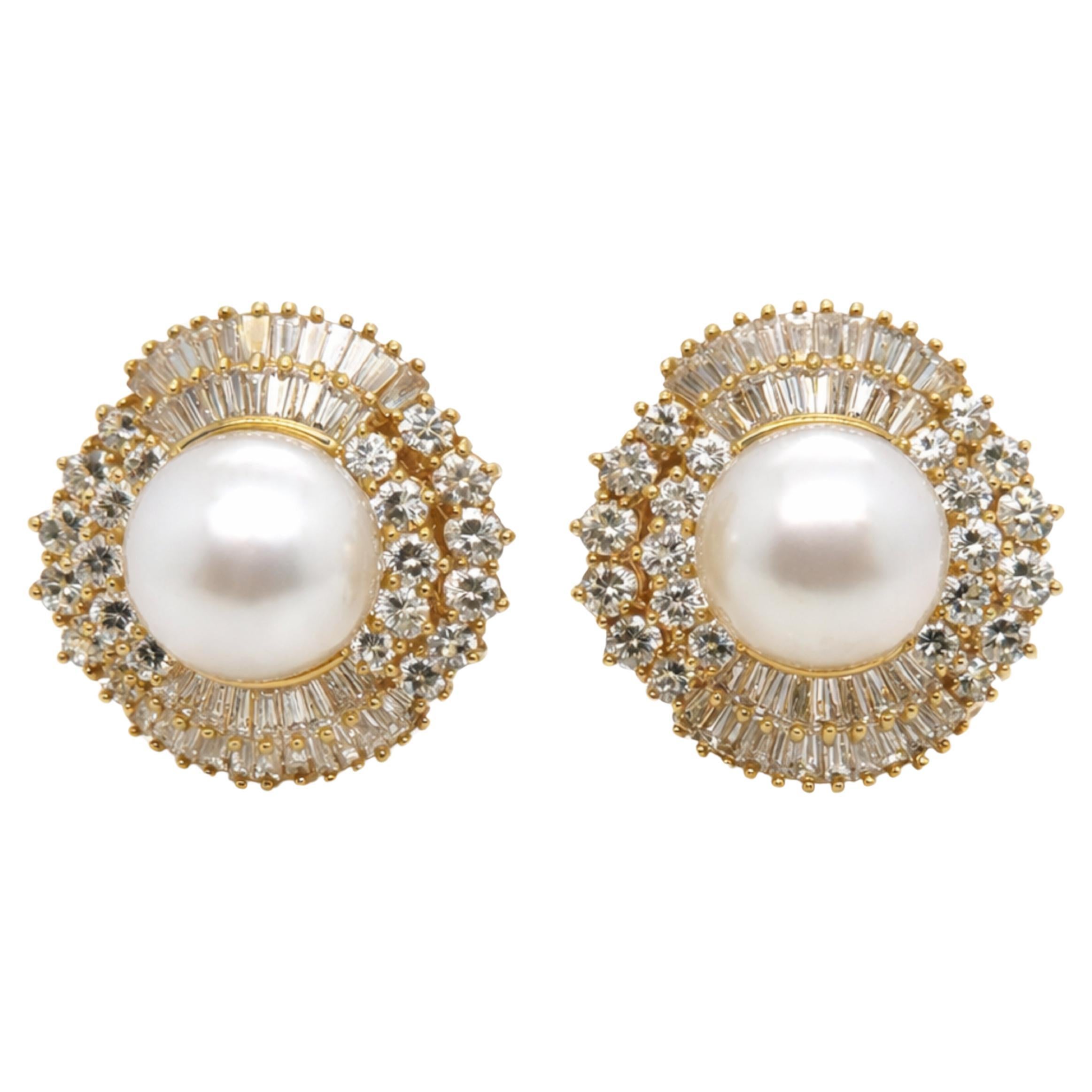 8 Karat Diamant 18K Gelbgold Perlen und Diamant Ohrringe im Angebot