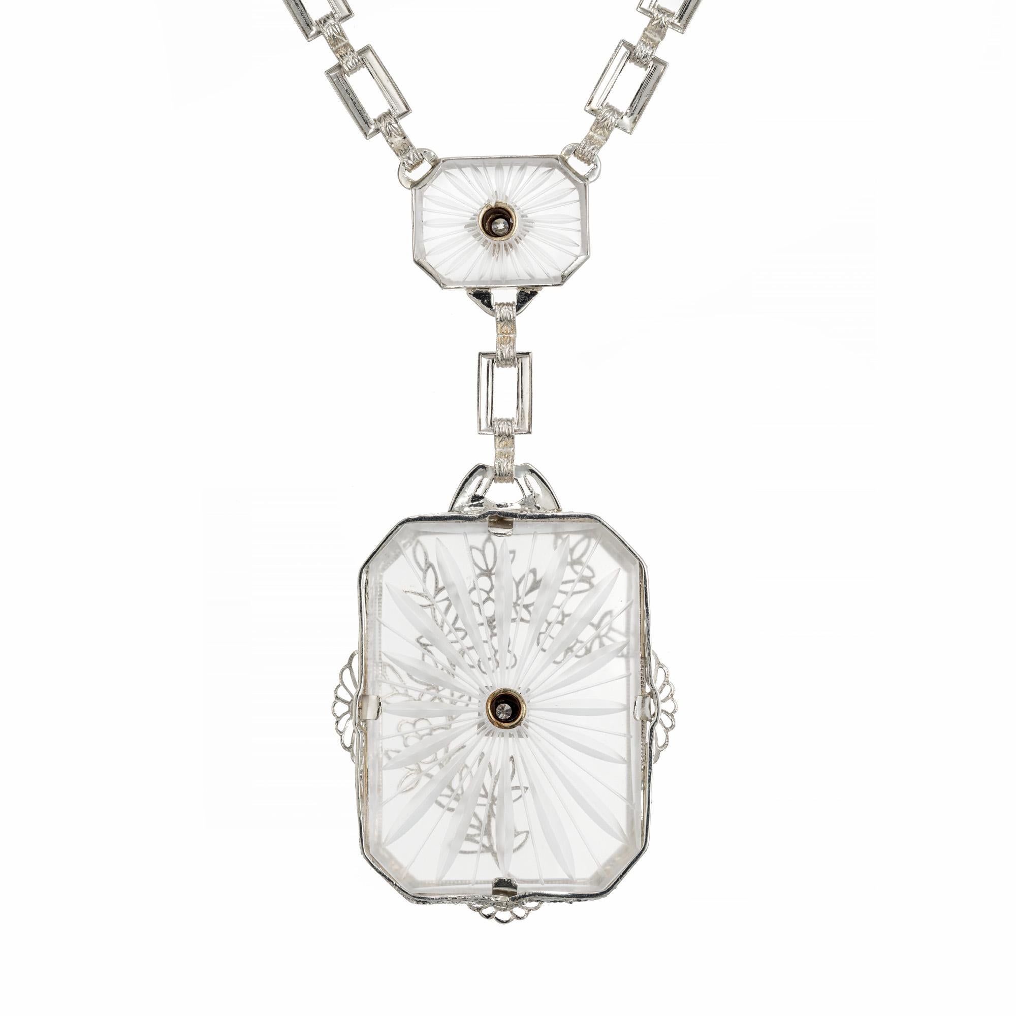 .8 Carat Diamond Angel Skin Quartz White Gold Art Deco Pendant Necklace In Good Condition In Stamford, CT