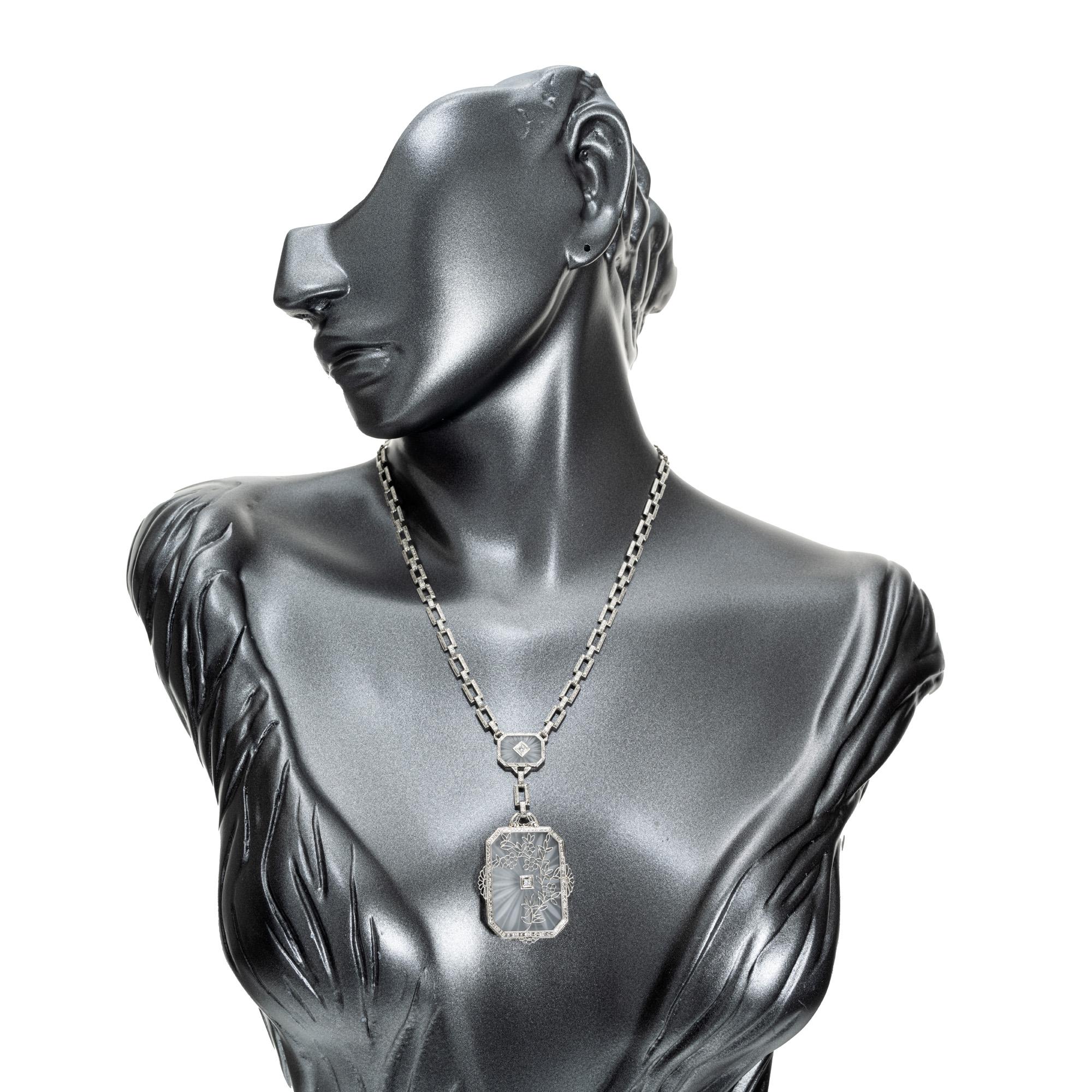 Women's .8 Carat Diamond Angel Skin Quartz White Gold Art Deco Pendant Necklace