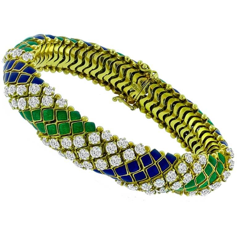 8 Carat Diamond Enamel 18 Karat Yellow Gold Bracelet