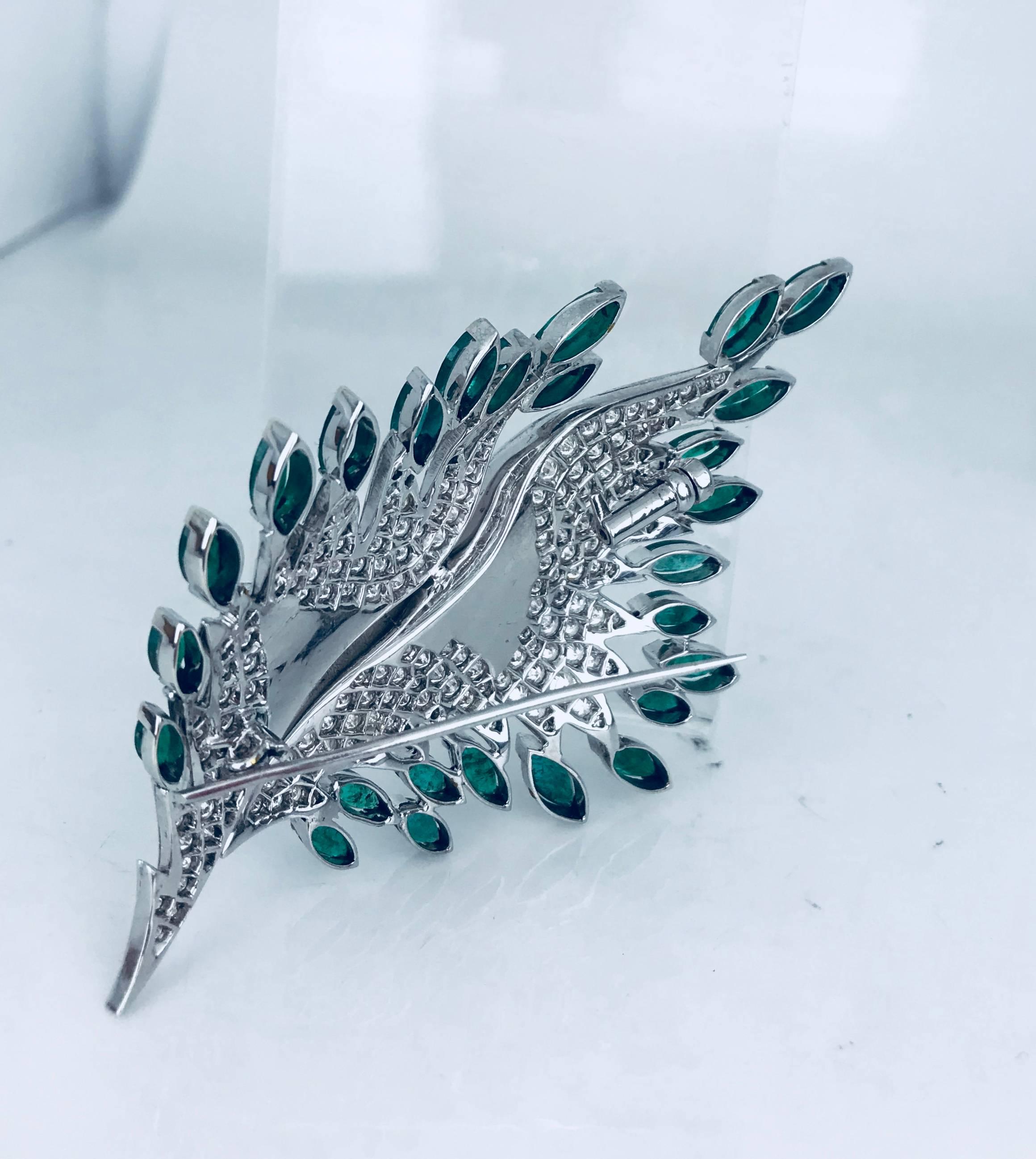 Retro 8 Carat Diamond Platinum Feather Pin with 8.80 Carat Emeralds