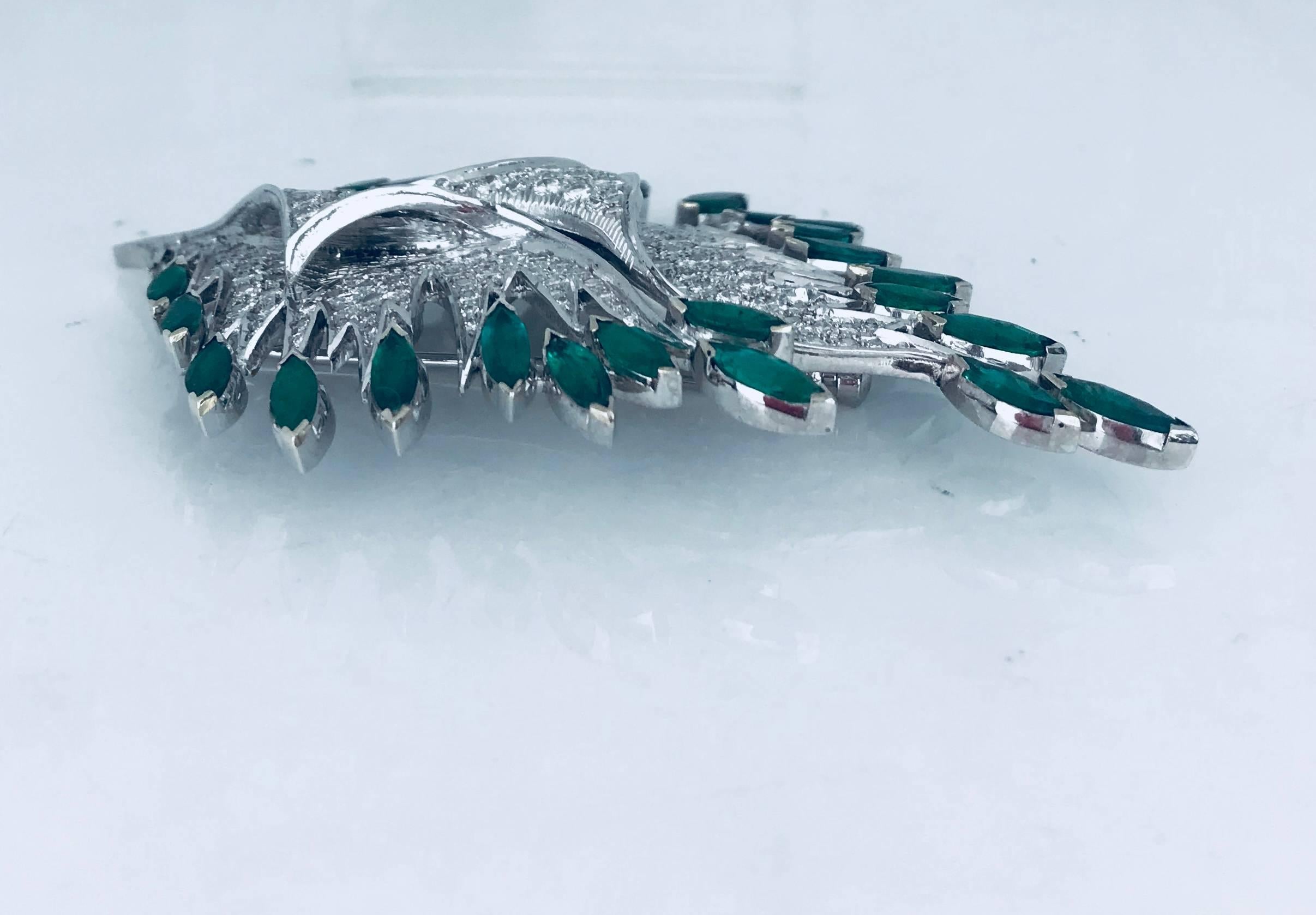 Round Cut 8 Carat Diamond Platinum Feather Pin with 8.80 Carat Emeralds