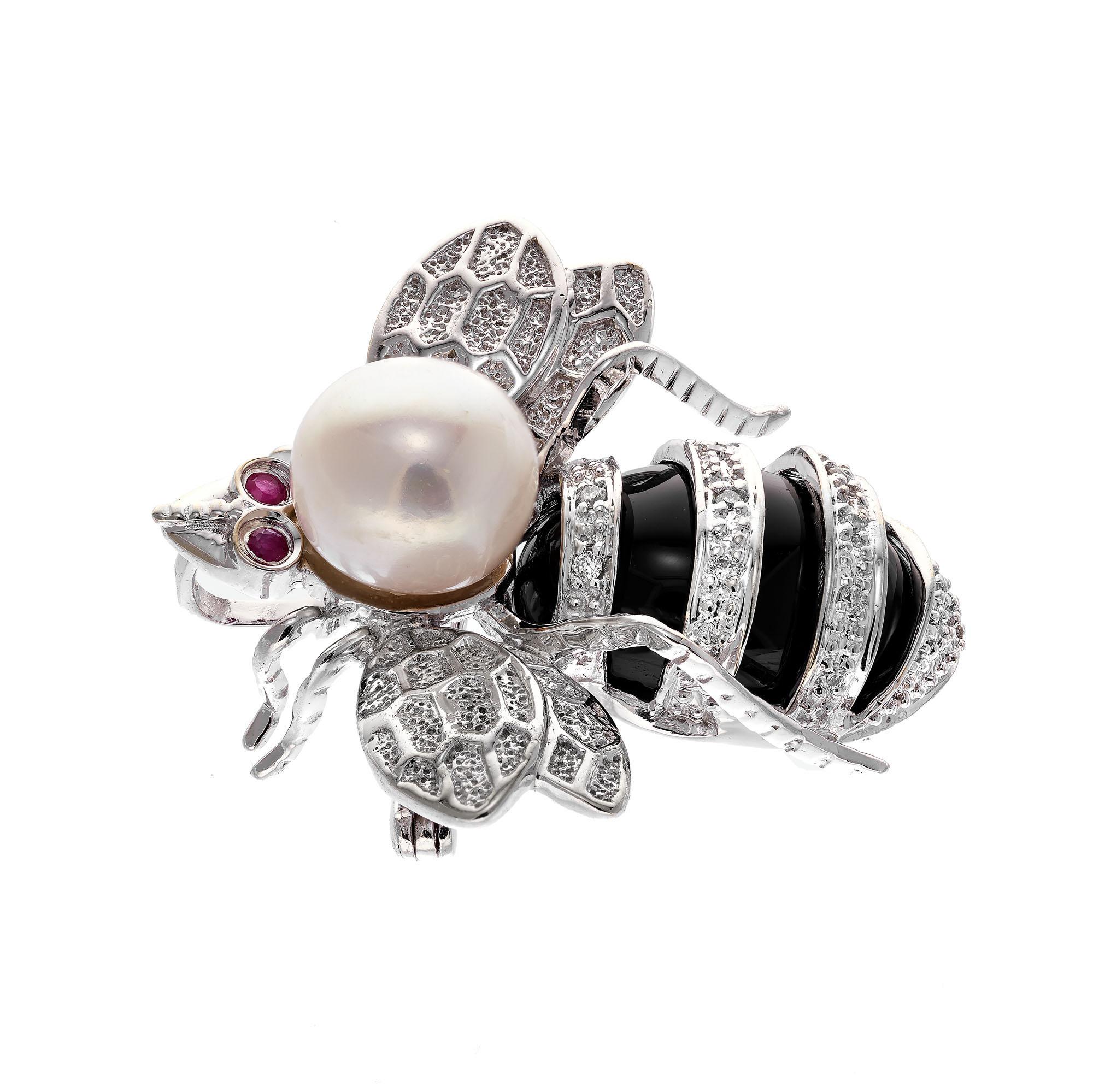 Round Cut .8 Carat Diamond Ruby Pearl White Gold Bee Brooch 
