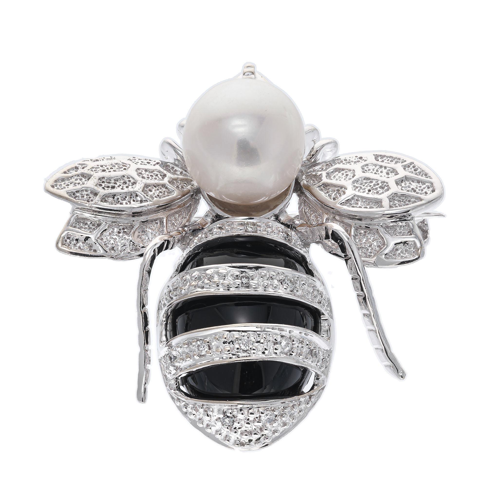 .8 Carat Diamond Ruby Pearl White Gold Bee Brooch  In Excellent Condition In Stamford, CT
