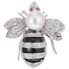 .8 Carat Diamond Ruby Pearl White Gold Bee Brooch