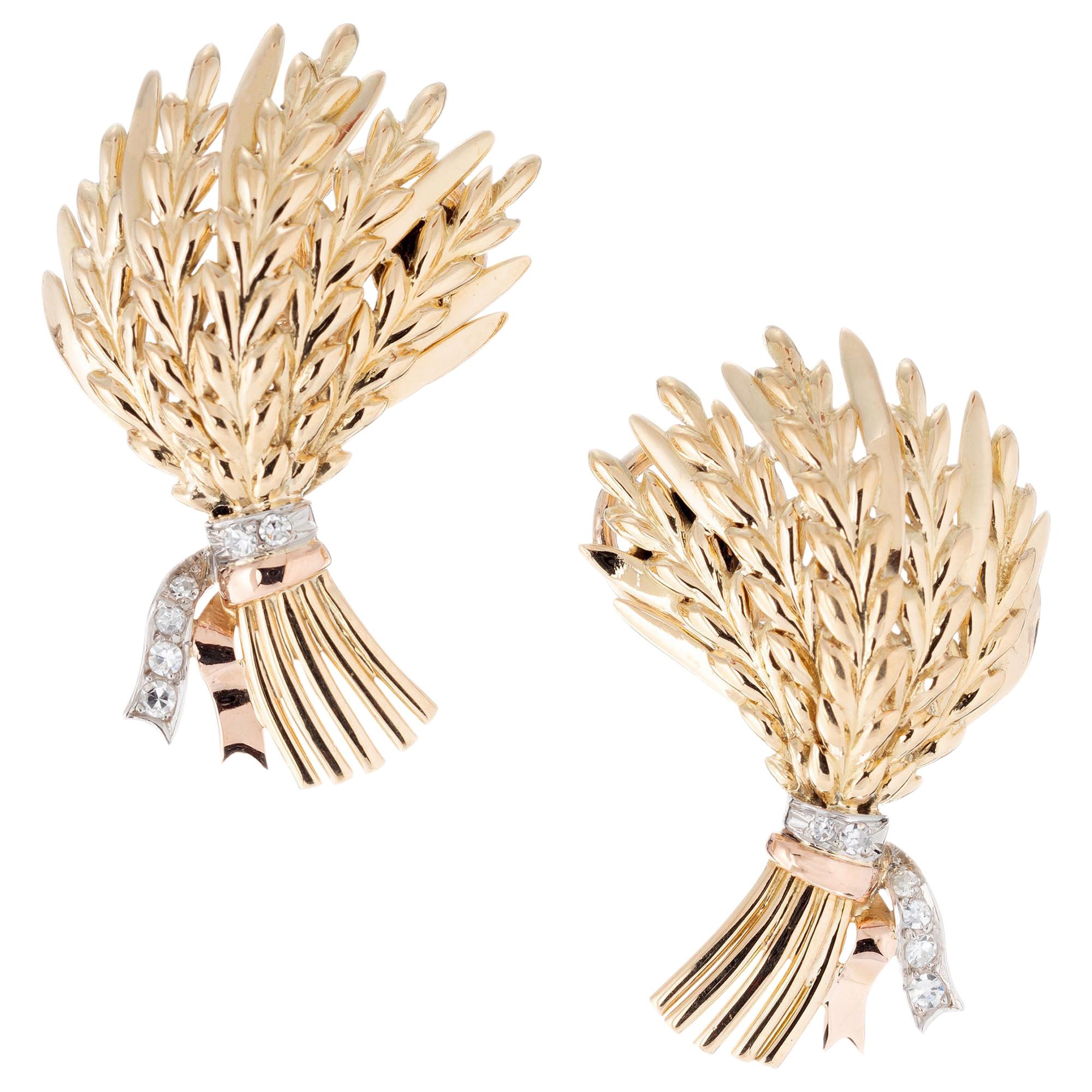 .8 Carat Diamond Tri-Color Gold Wheat Lever Back Post Earrings For Sale