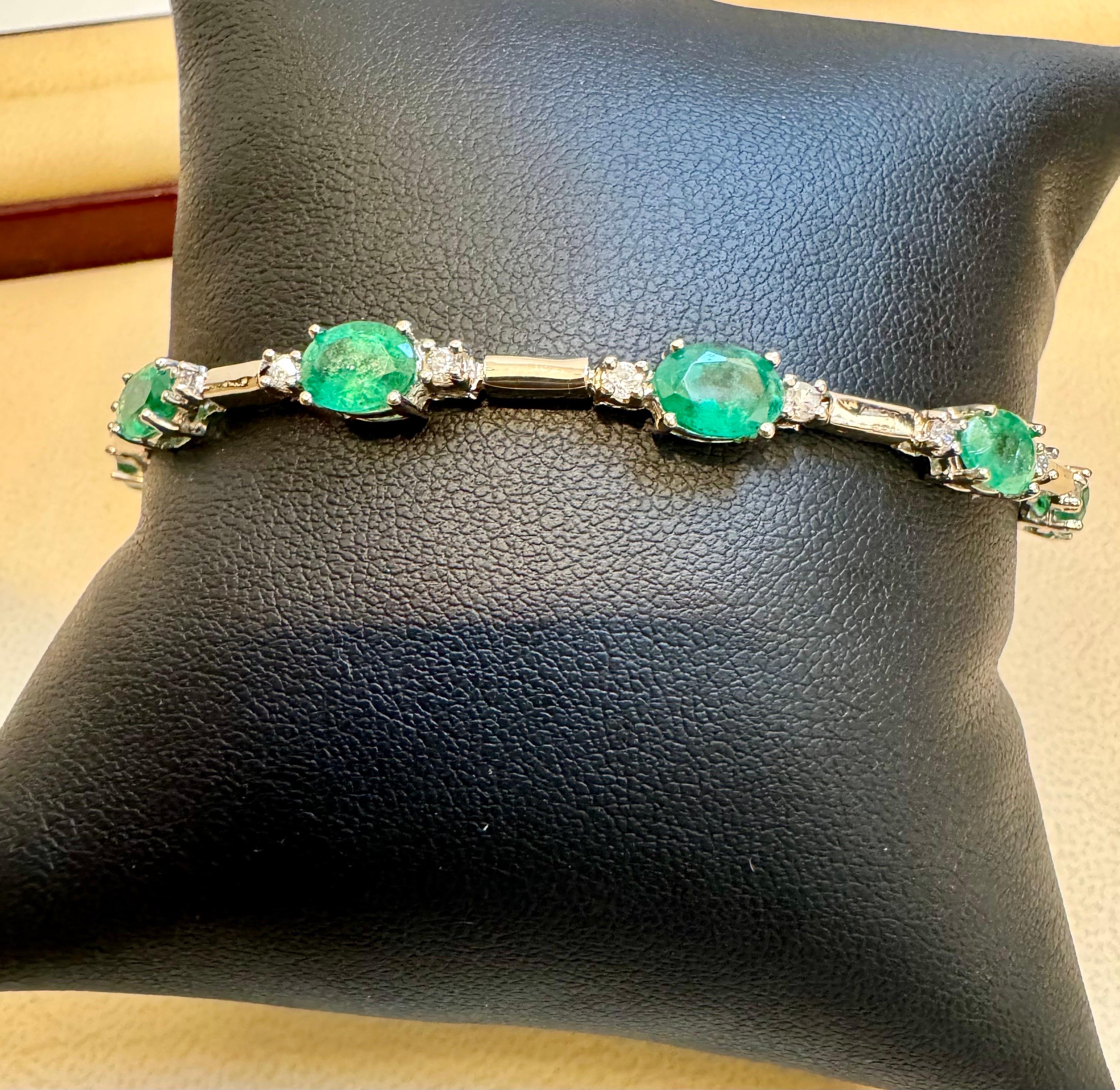  This exceptionally affordable Tennis  bracelet has  10  stones of oval  Emeralds  . Each Emerald has one diamond on each side of the emerald .Total weight of Emerald is approximately 8 carat. Total number of diamonds are 20 and diamond weighs is
