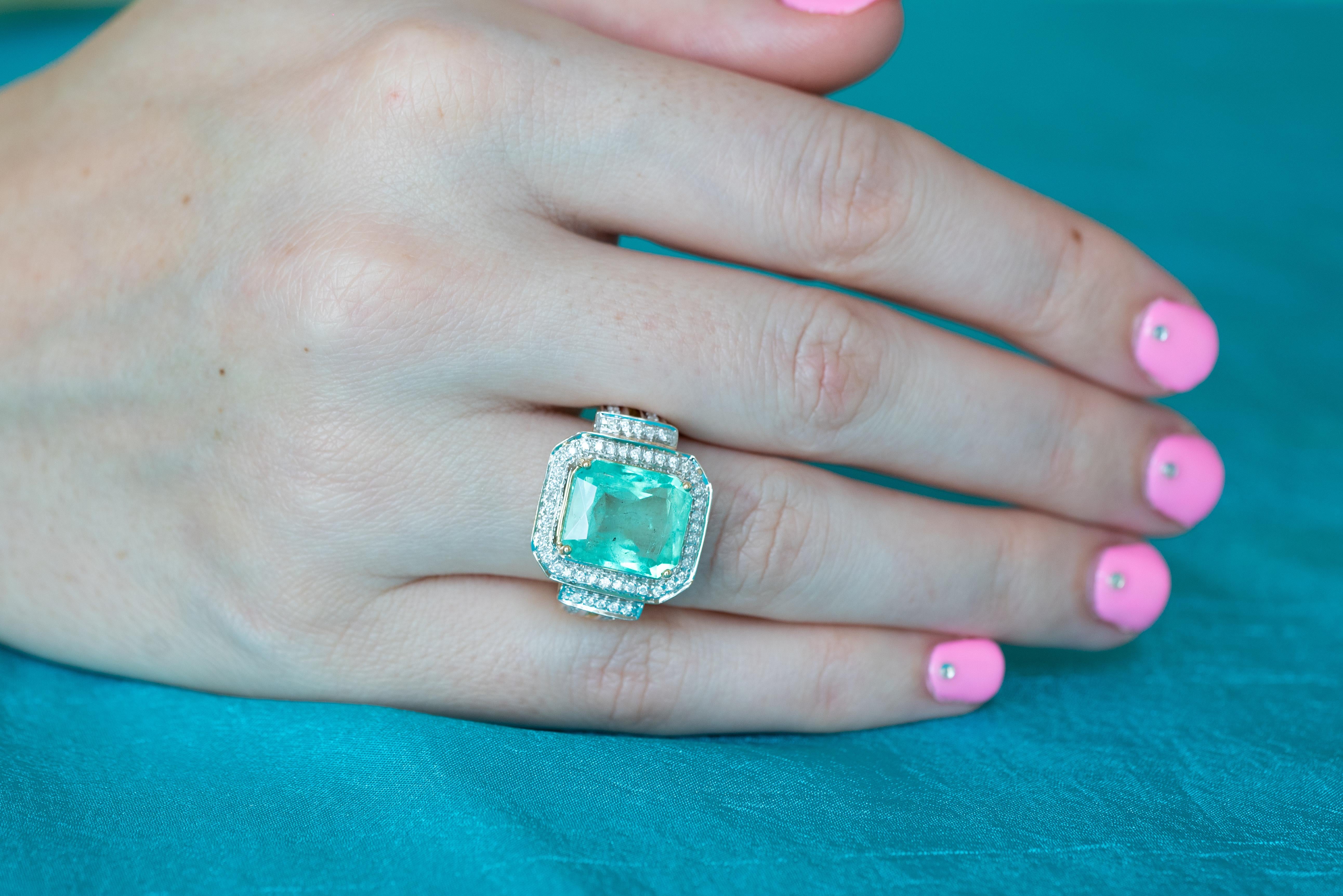 8 Carat Emerald and .50 Carat Diamond 18 Karat Two-Tone Gold Ring 1