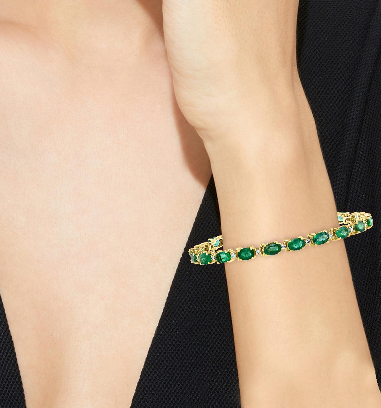  This exceptionally affordable Tennis  bracelet has  19 stones of oval  Emeralds  . Each Emerald is spaced by a tiny diamond  . 
 Total weight of Emerald is approximately  8.0 carat. Size of emerald is 4x6 MM
The bracelet is expertly crafted with