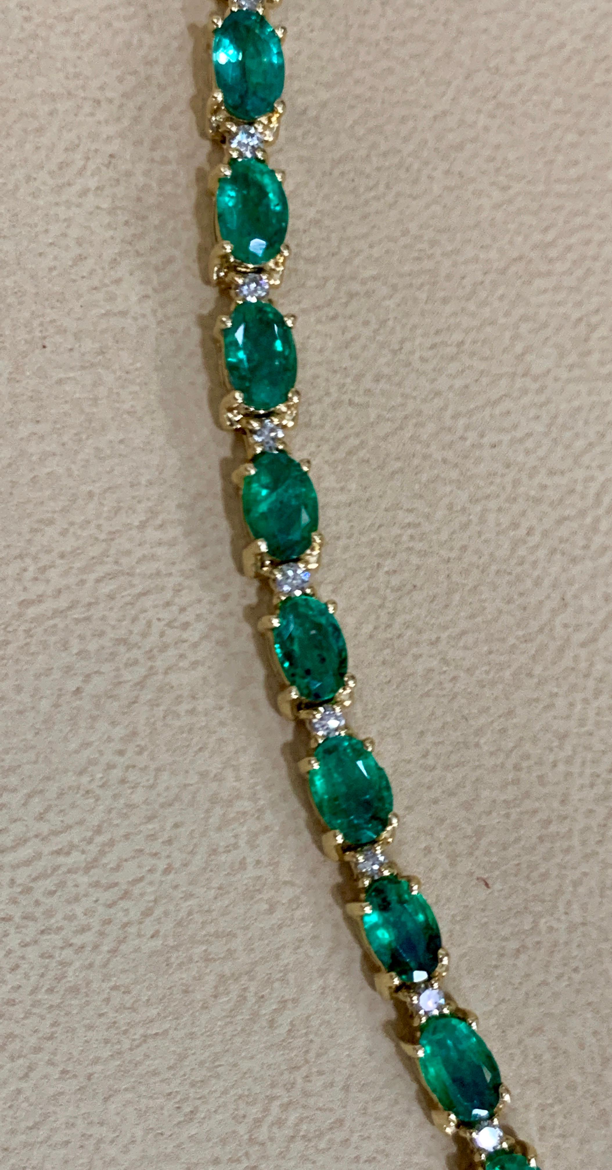 Oval Cut 8 Carat Emerald and Diamond Tennis Bracelet 14 Karat Yellow Gold For Sale