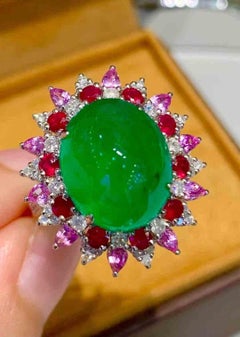 8 Carat Emerald Cabochon Diamond Halo Cocktail Ring