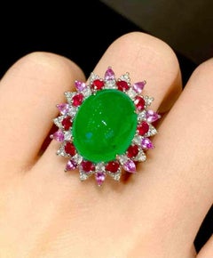 8 Carat Emerald Cabochon Diamond Halo Cocktail Ring