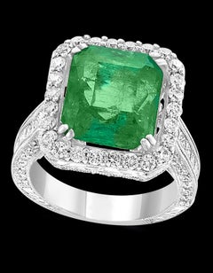 8 Carat Emerald Cut Colombian Emerald and Diamond 18 Karat Gold Ring Estate