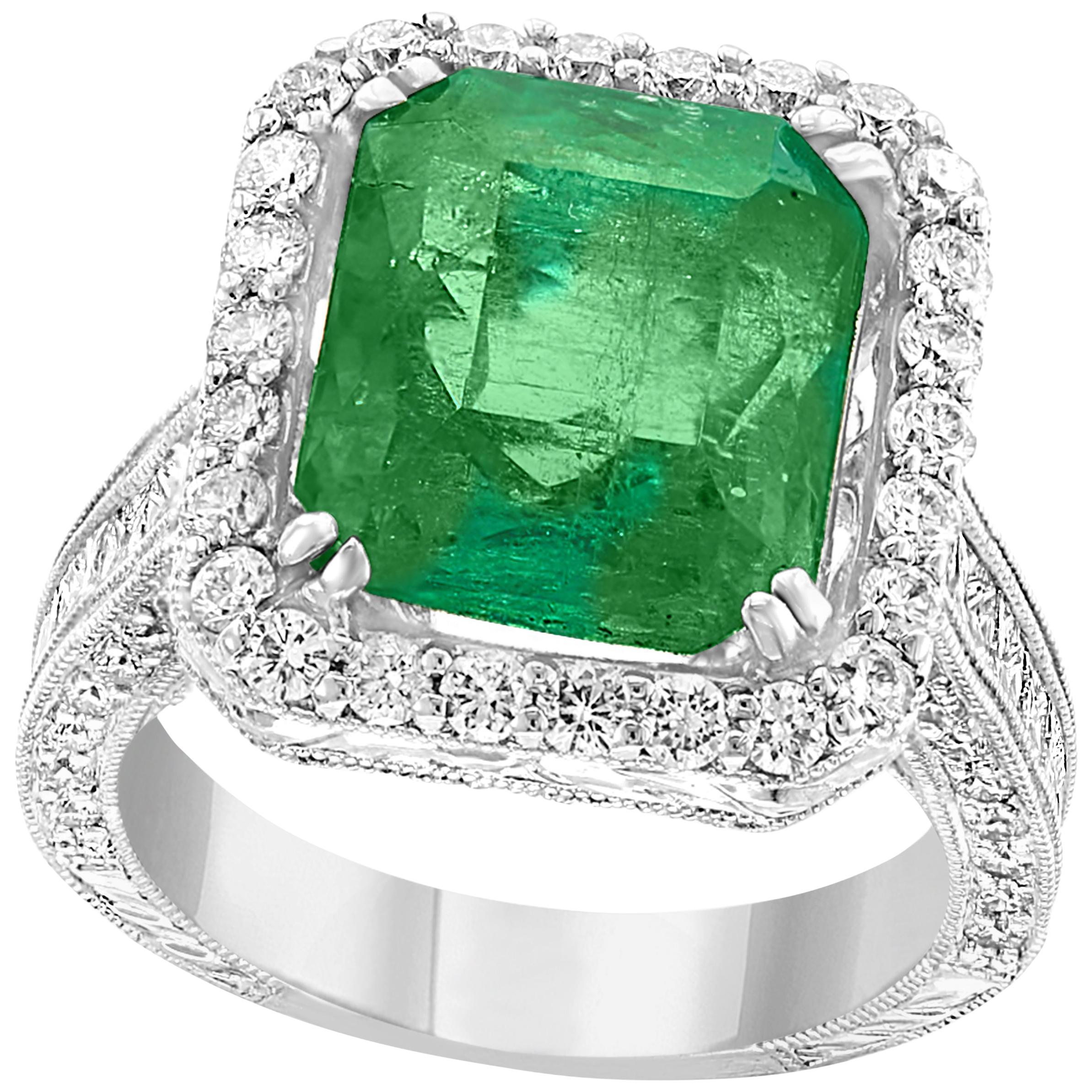 8 Carat Emerald Cut Colombian Emerald and Diamond 18 Karat Gold Ring Estate For Sale