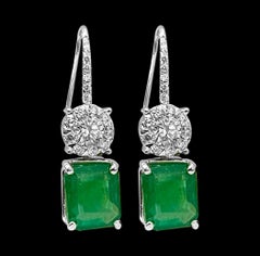 8 Carat Emerald Cut Emerald & Diamond Fish Hook Earrings 18 Karat White Gold