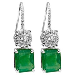 8 Carat Emerald Cut Emerald & Diamond Fish Hook Earrings 18 Karat White Gold