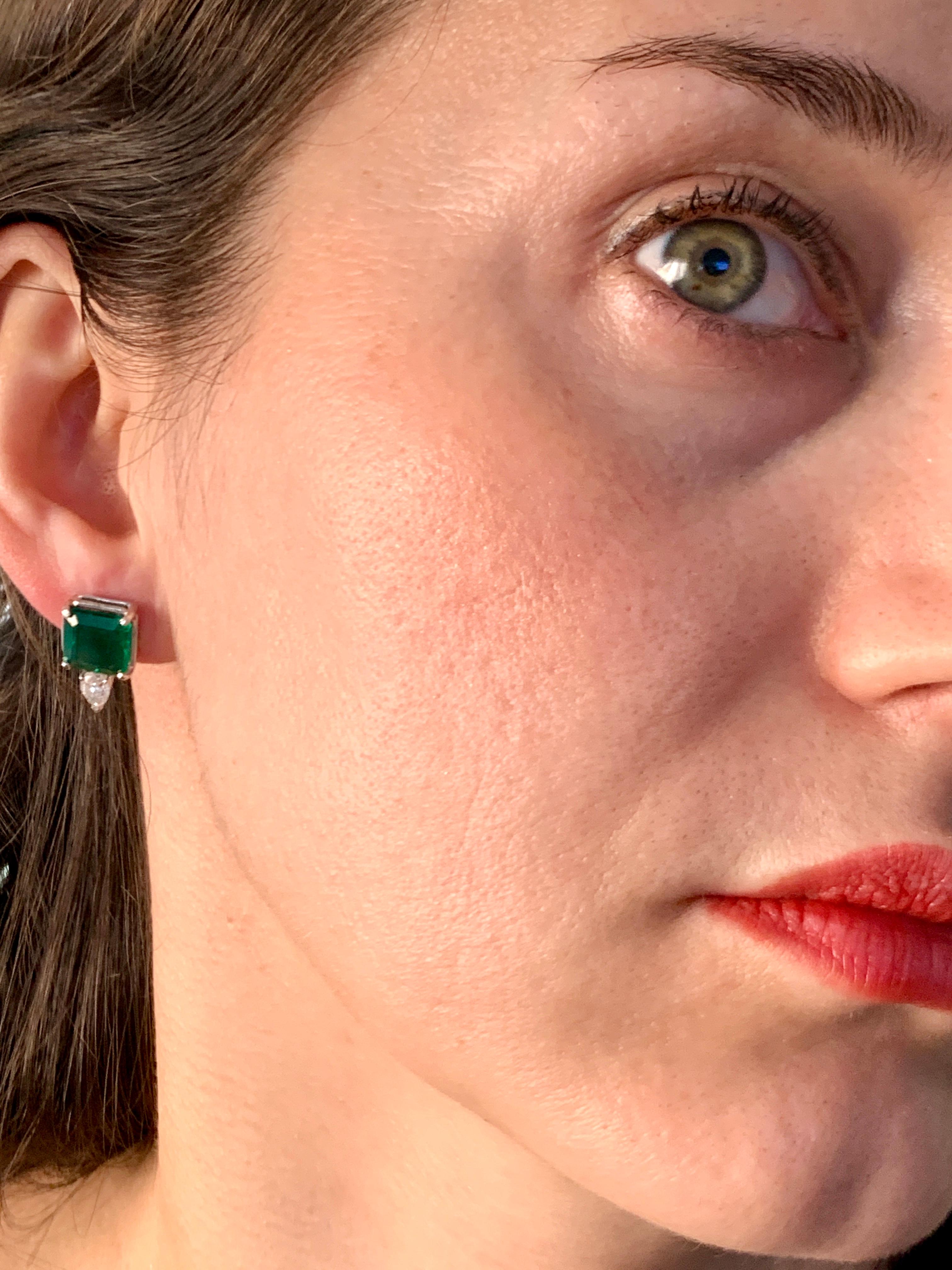 8 Carat Emerald Cut Emerald Diamond Stud Earrings 18 Karat Gold For Sale 4