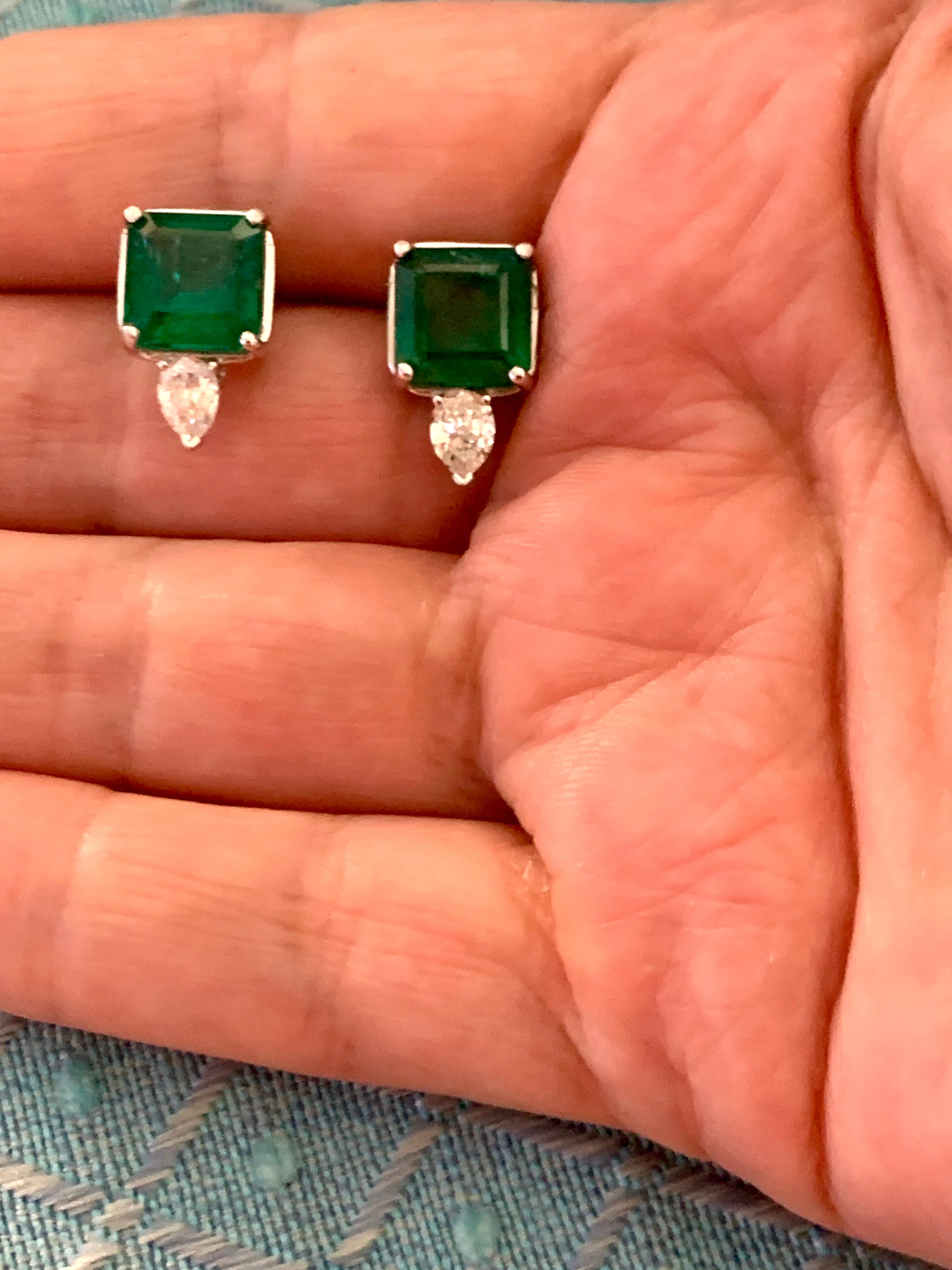 8 Carat Emerald Cut Emerald Diamond Stud Earrings 18 Karat Gold For Sale 5