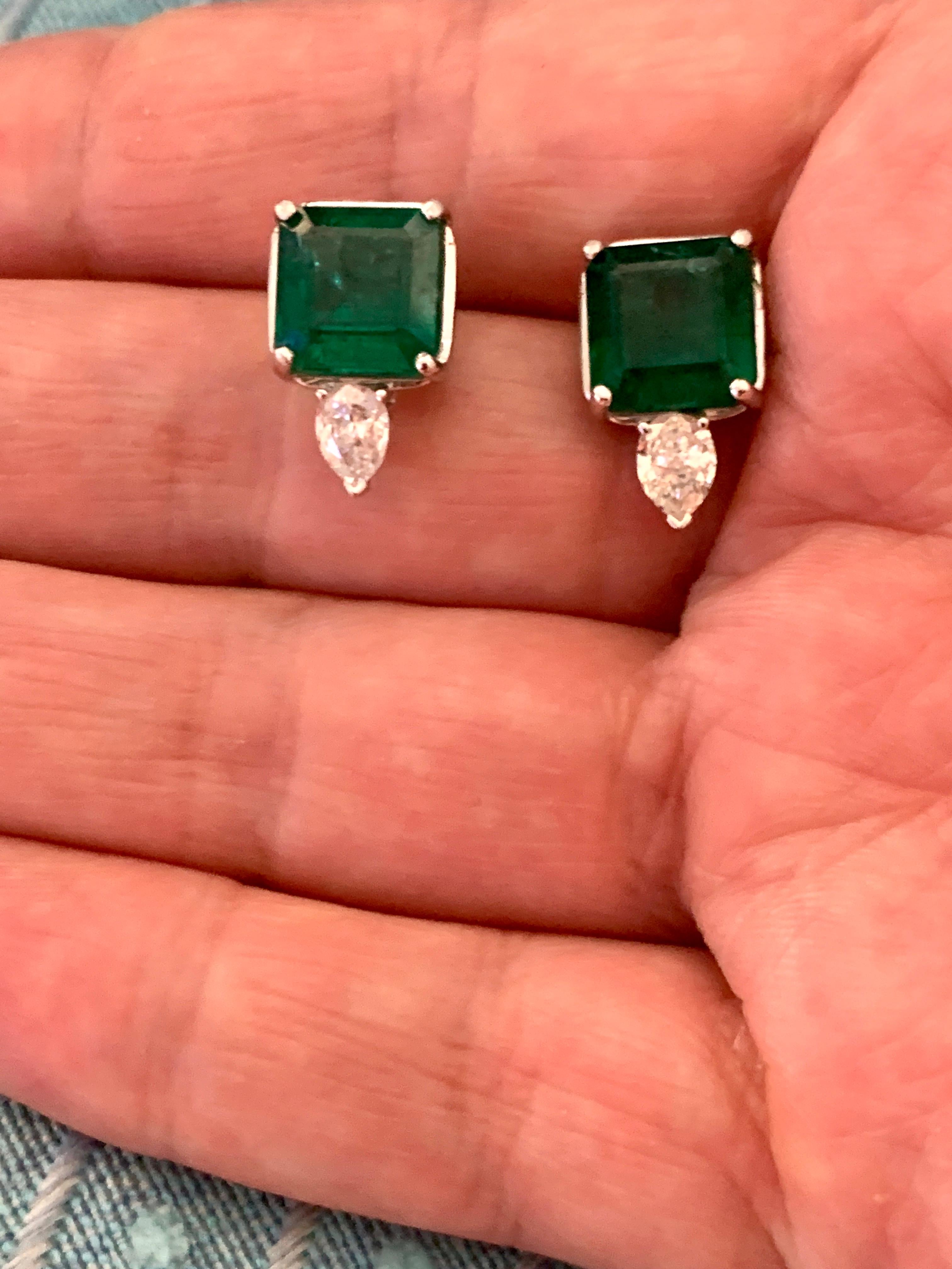 8 Carat Emerald Cut Emerald Diamond Stud Earrings 18 Karat Gold For Sale 6