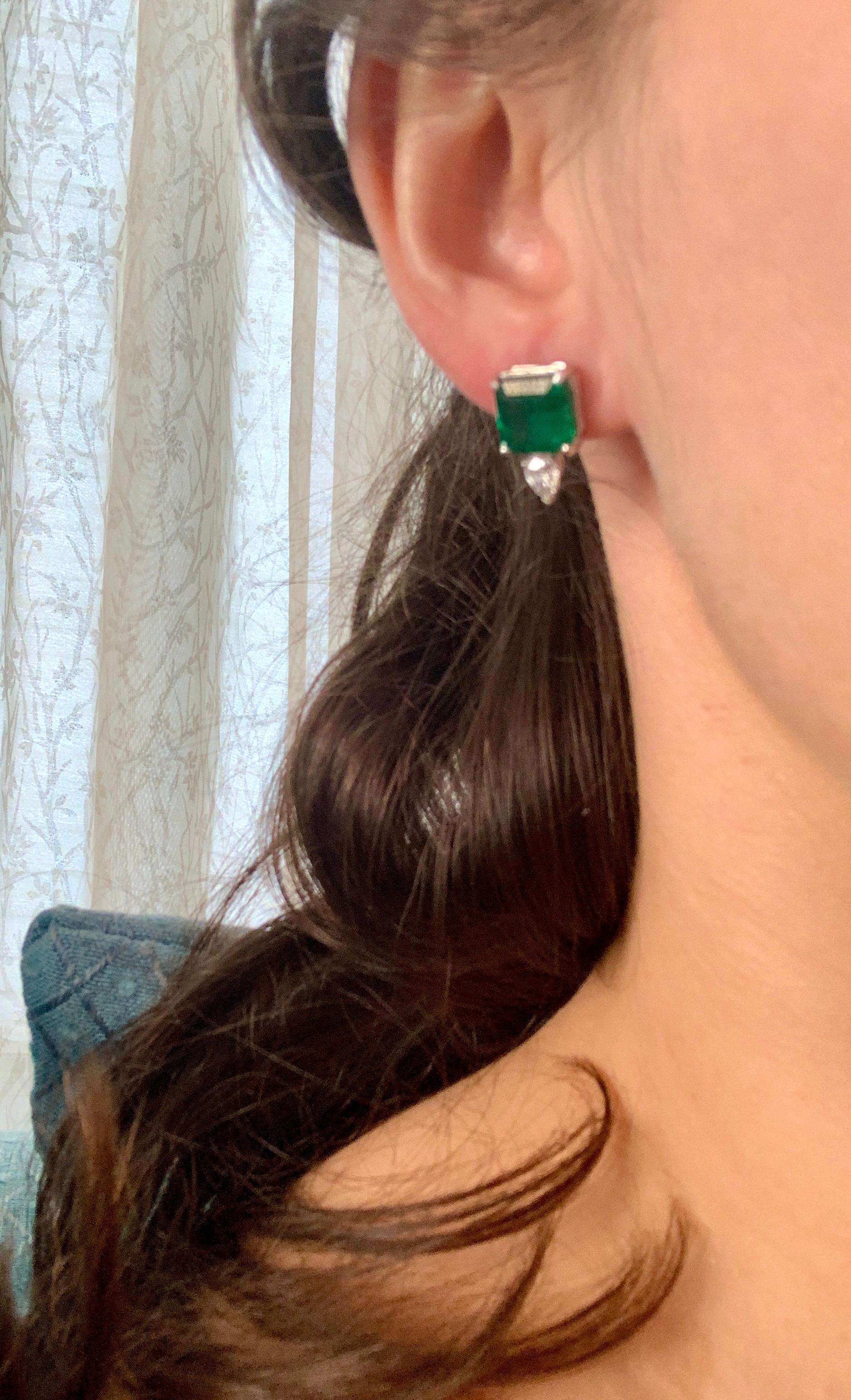 Women's 8 Carat Emerald Cut Emerald Diamond Stud Earrings 18 Karat Gold For Sale