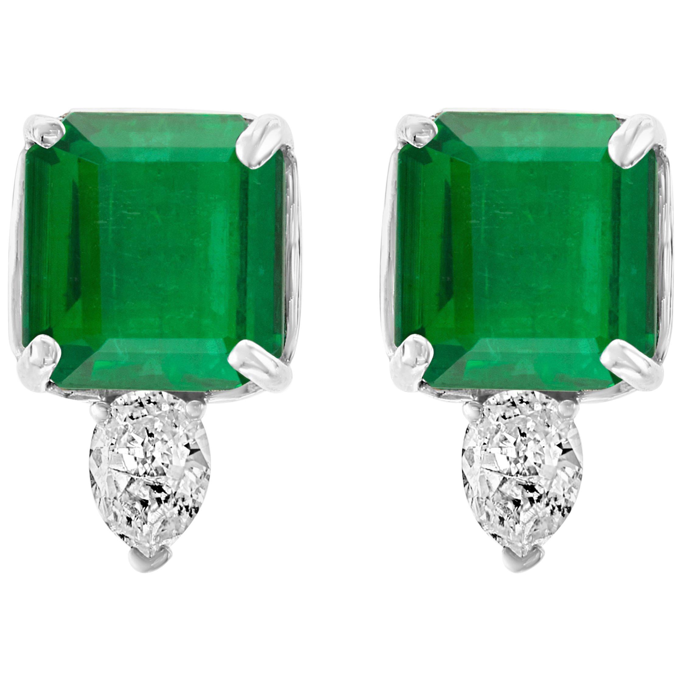 8 Carat Emerald Cut Emerald Diamond Stud Earrings 18 Karat Gold For Sale