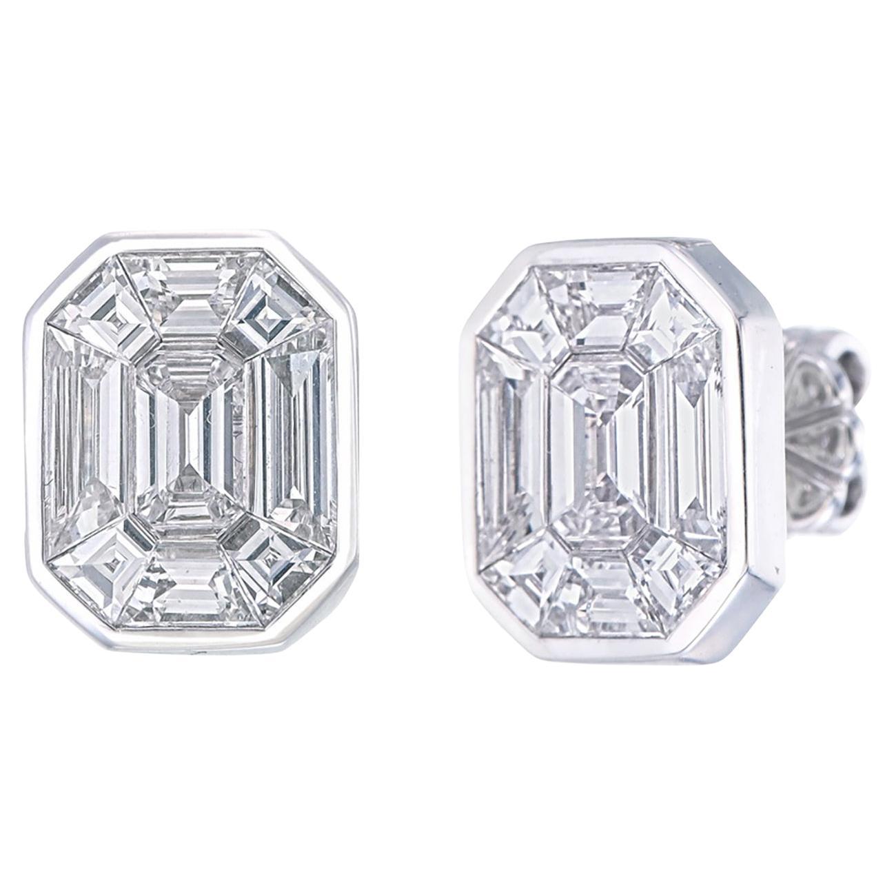 8 carat face Elegant Emerald-Cut Diamond Illusion Stud Earrings in White Gold