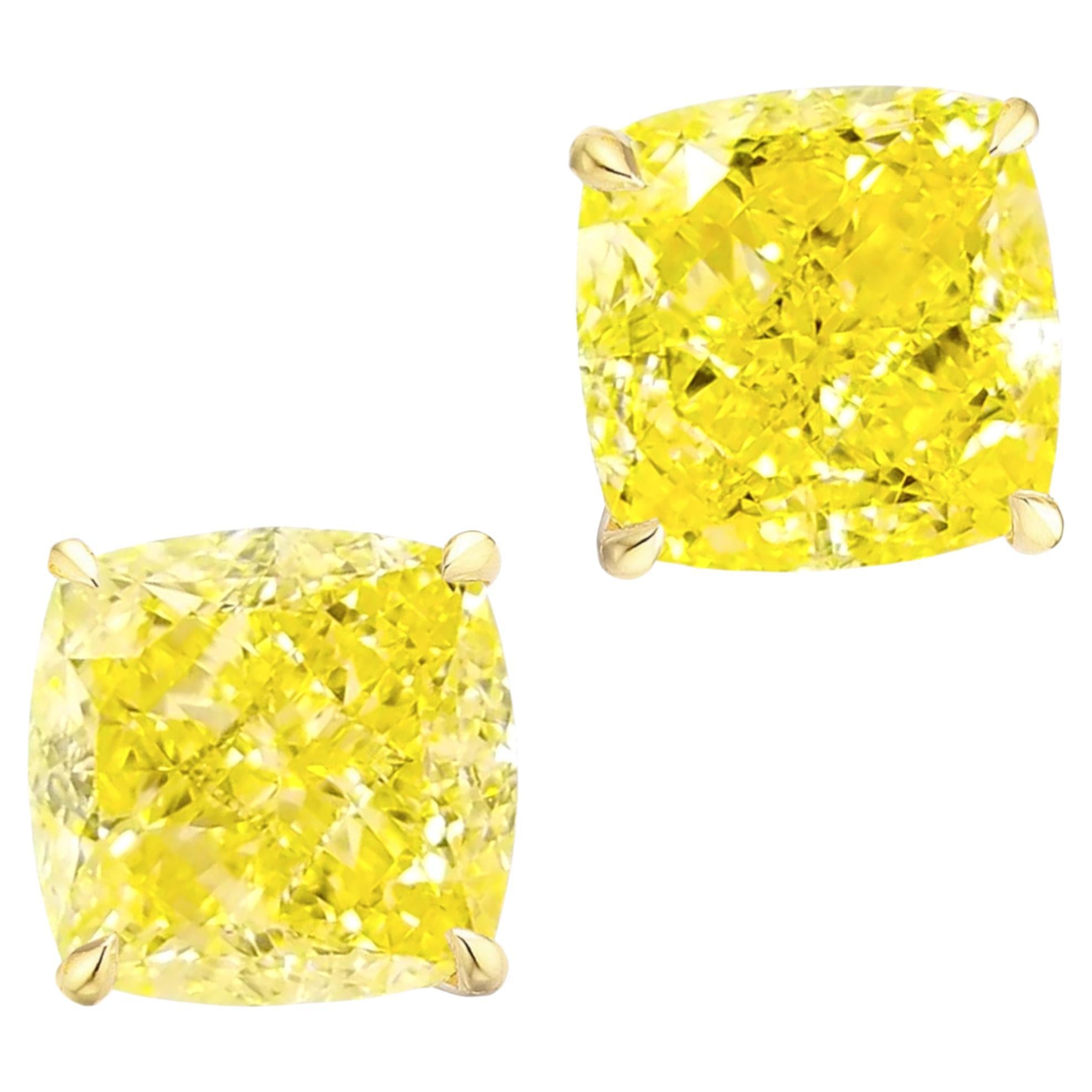8 Carat Fancy Yellow Cushion Diamond 18K Yellow Gold Stud Earrings