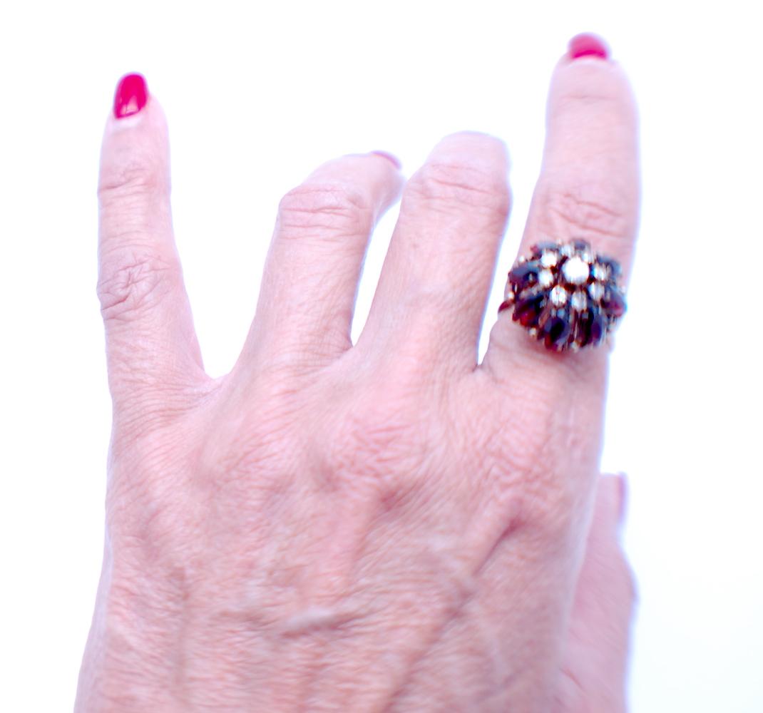 Baroque Revival 8 Carat Garnet and Diamond Temple Ring 14 Karat, circa 1960s For Sale