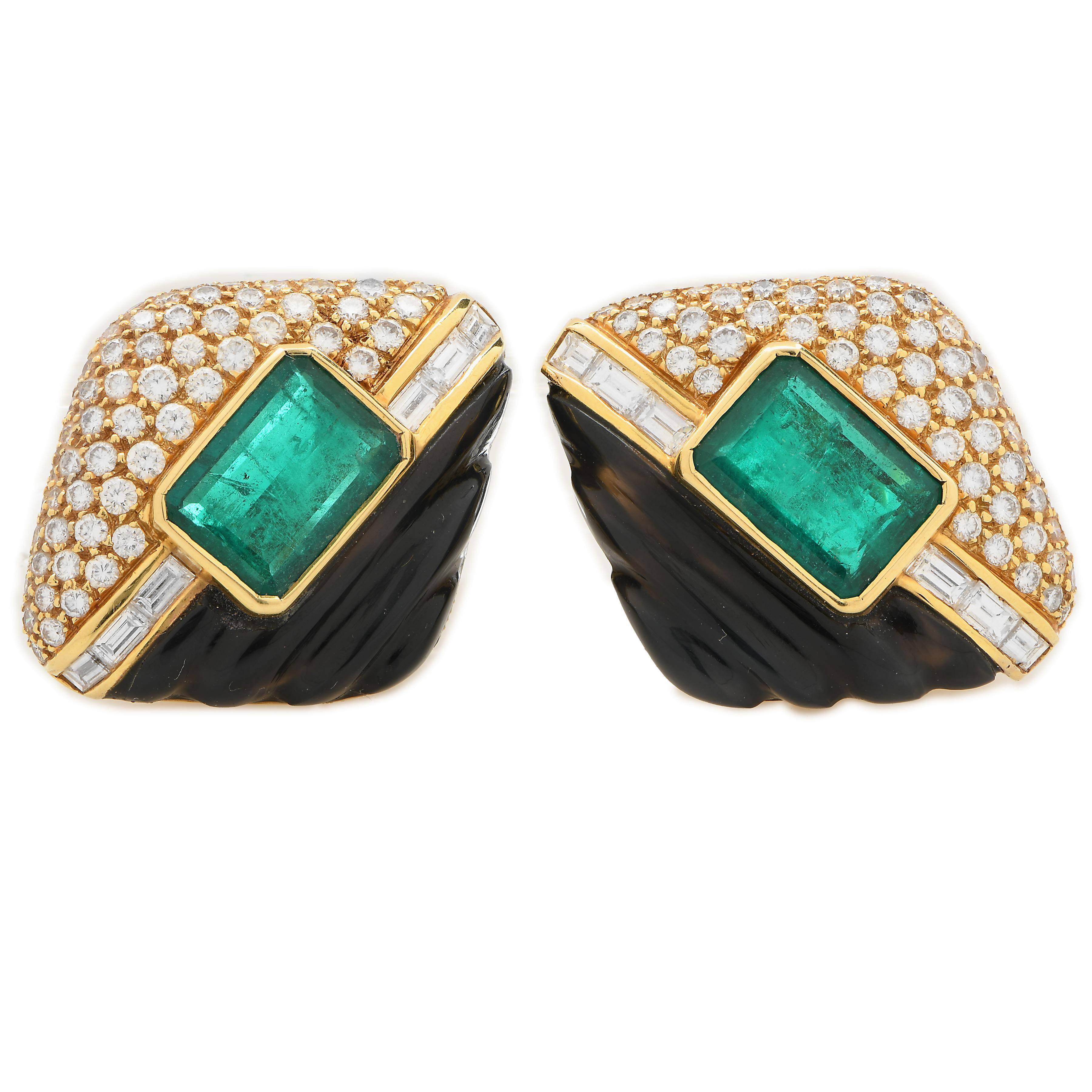 8 Karat GIA Graded natürlichen kolumbianischen Smaragd Ohrringe mit Diamanten und Onyx (Art déco) im Angebot