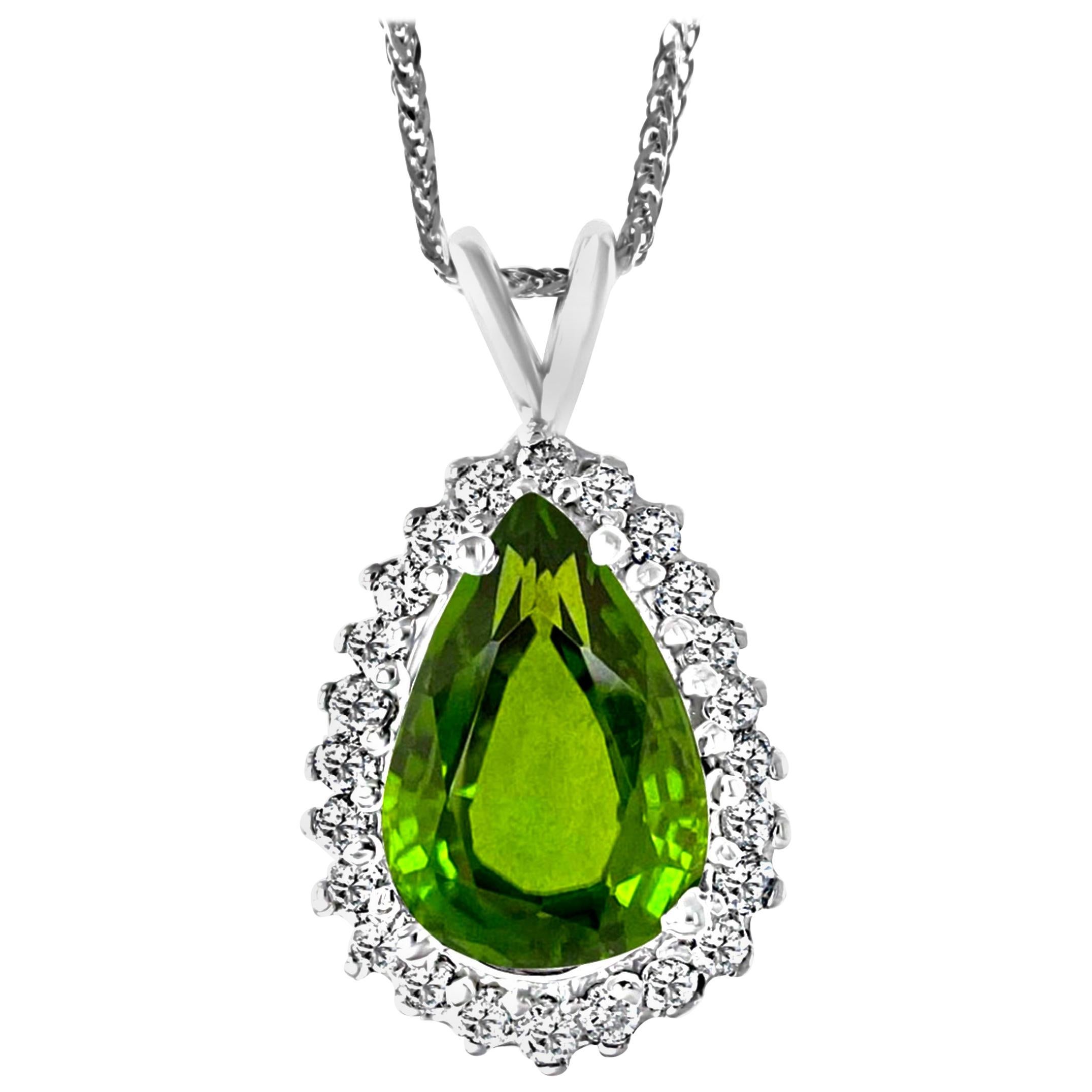 8 Carat Green Tourmaline and 1.5 Carat Diamond Pendant or Necklace 14 Karat Gold