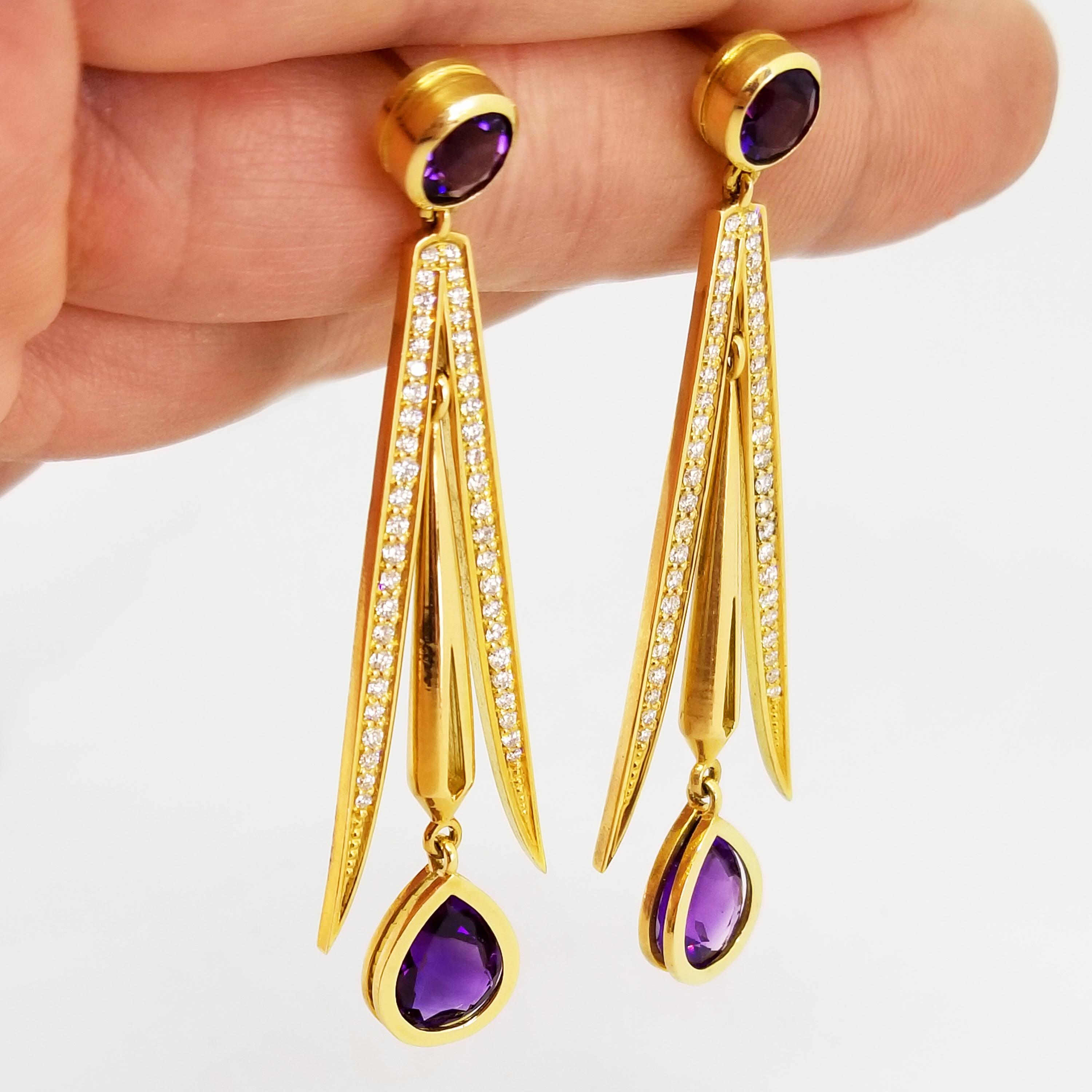 8 Carat Intense Amethyst 1.15 Carat Diamond Drop Earrings 18 Karat Yellow Gold For Sale 3