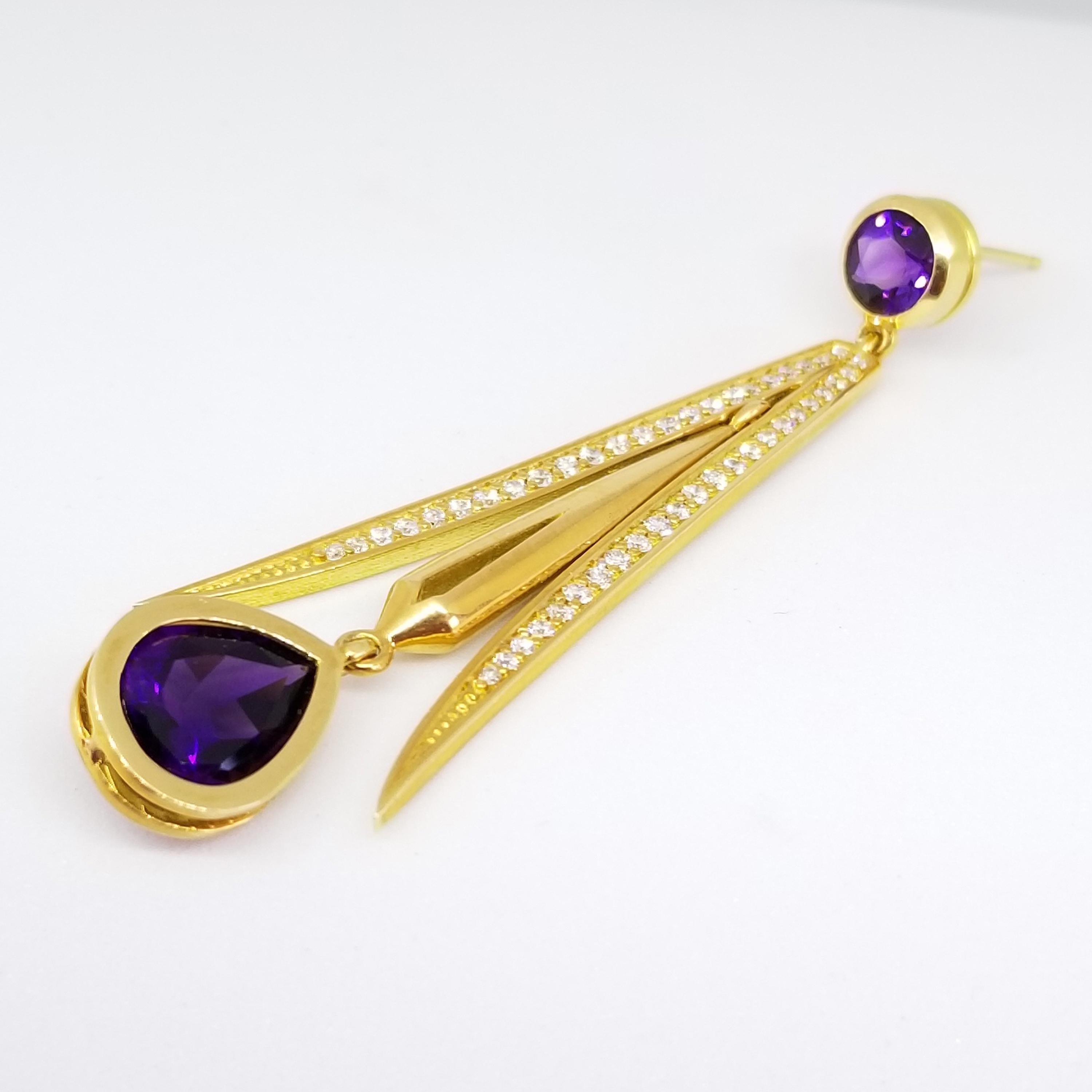 Pear Cut 8 Carat Intense Amethyst 1.15 Carat Diamond Drop Earrings 18 Karat Yellow Gold For Sale