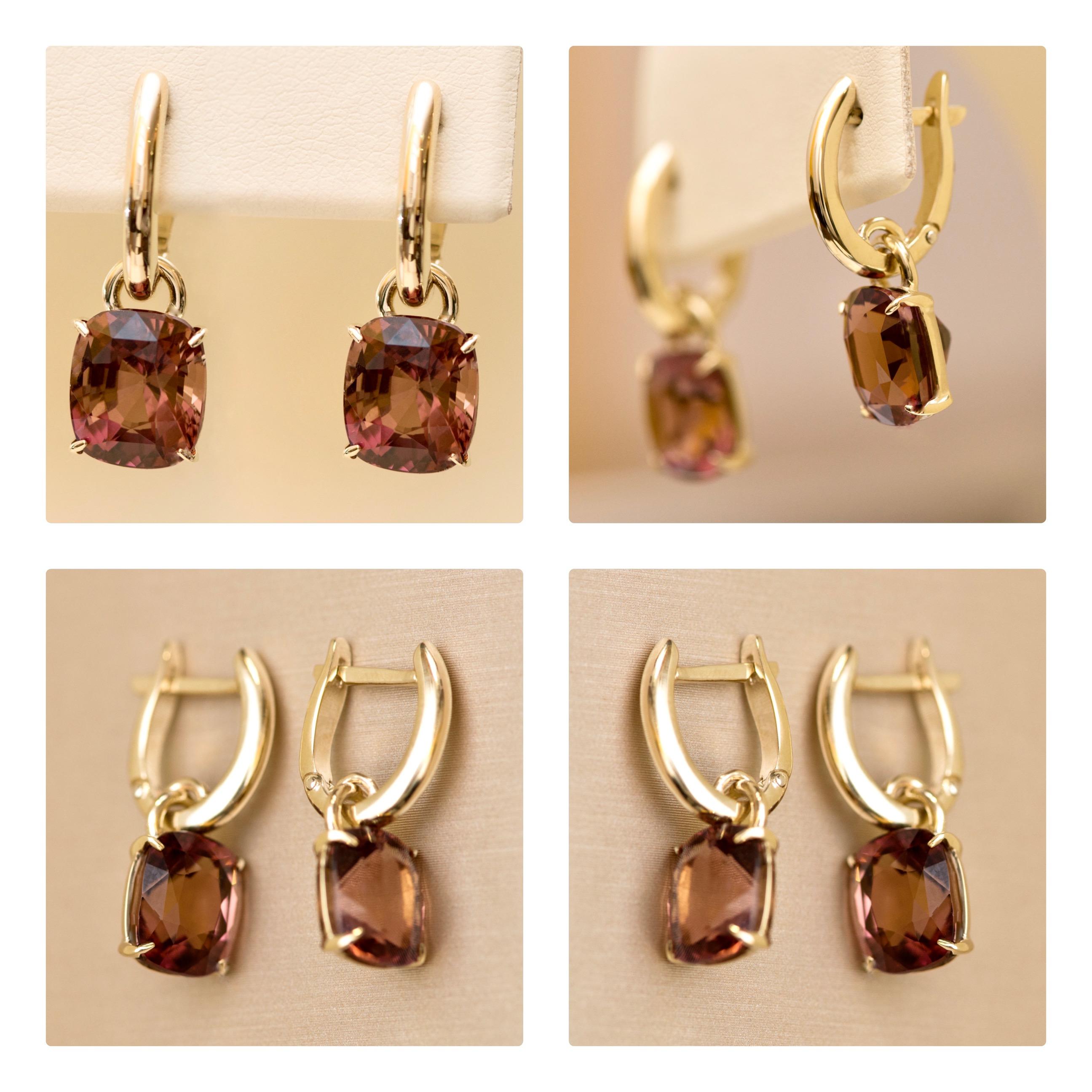 Modern 8 Carat Intense Reddish Peach Tourmaline 14 Karat Yellow Gold Earrings