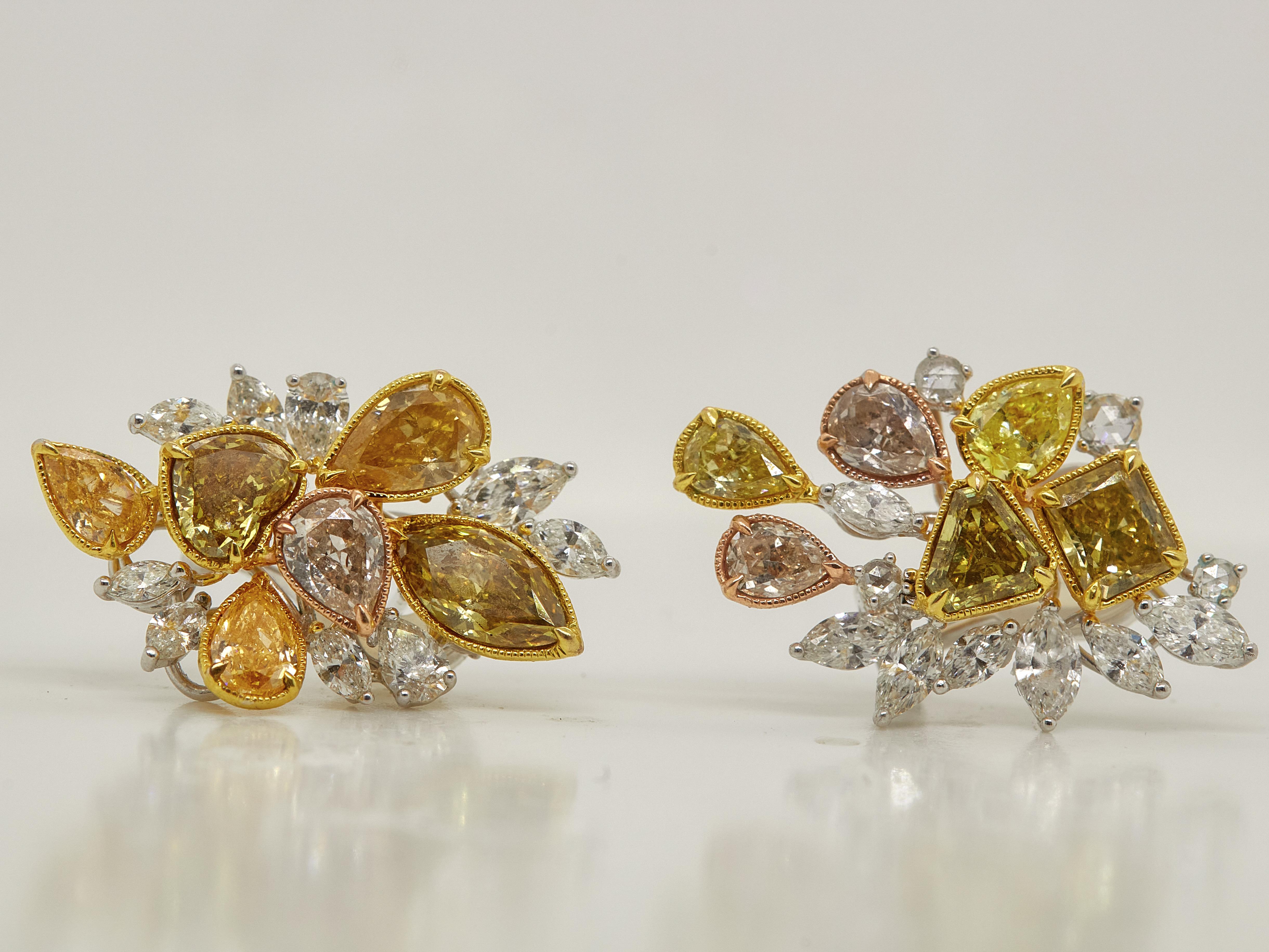 From the Novel Collection. A magnificent 8.20 carat multicolor, Cluster studs Diamonds earrings  with colorful accents, these Yellow, Pink, Brown and White Diamond earrings offer a vibrant take on a classic jewel.
8 mixed color pear-shaped diamonds