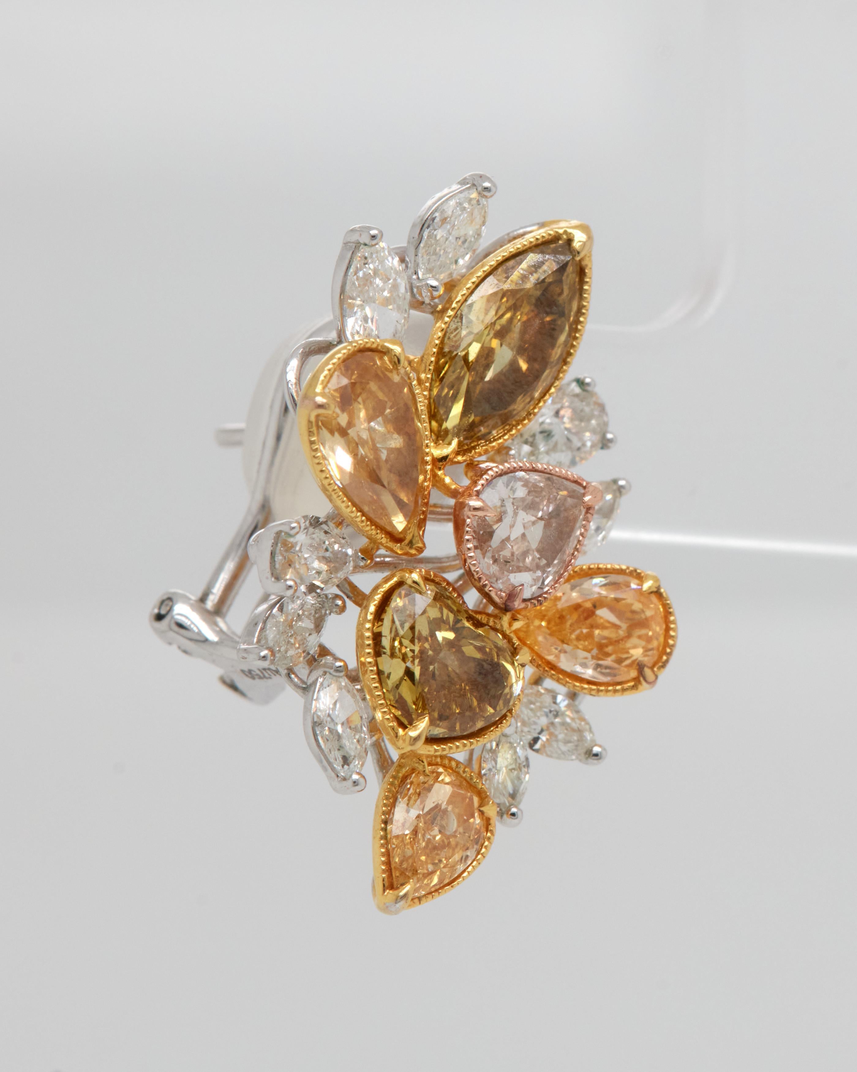 8 Karat mehrfarbige Diamant-Cluster-Ohrringe, 18 Karat Weiß- und Gelbgold Damen im Angebot