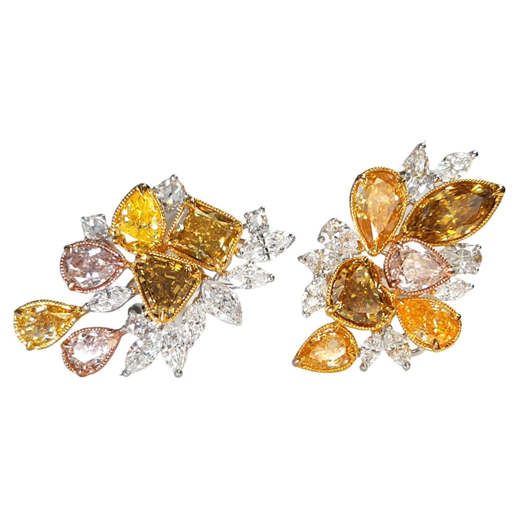 8 Carat Multicolor Diamond Cluster Earrings, 18K white and Yellow Gold