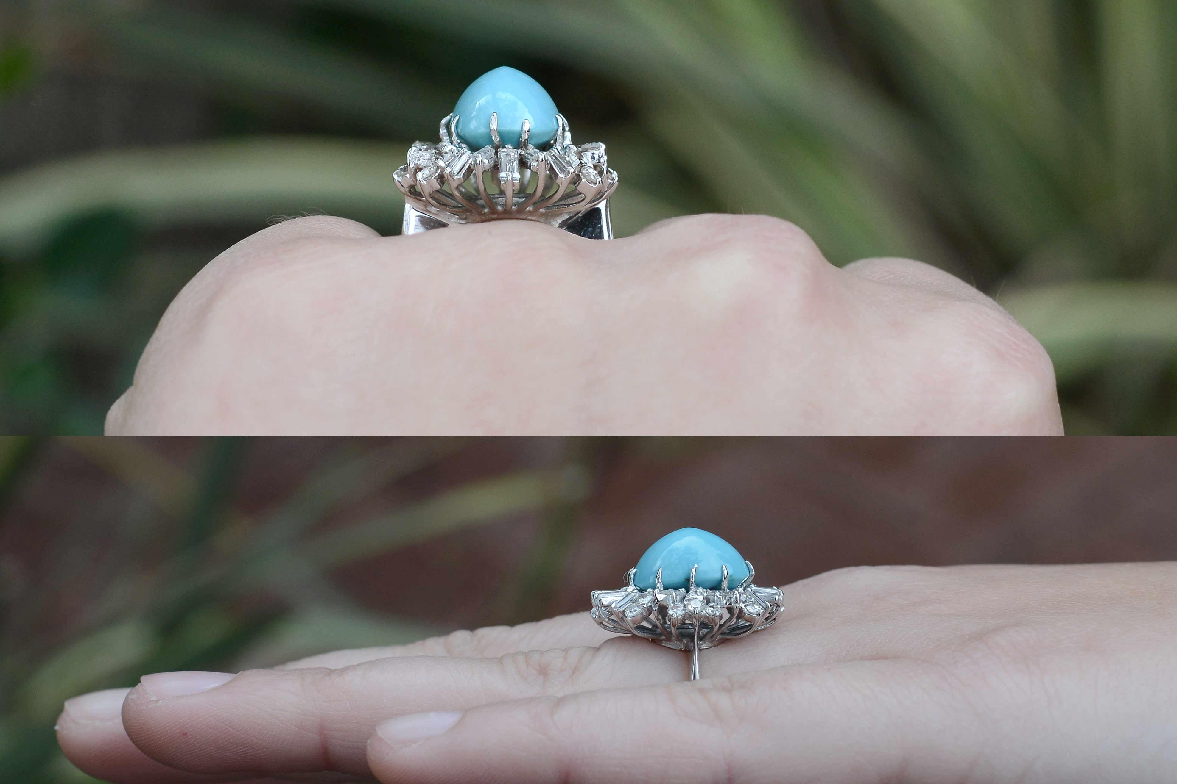 Modernist Persian Turquoise Diamond Cocktail Ring 8 Carat Oval Cabochon Dome White Gold 