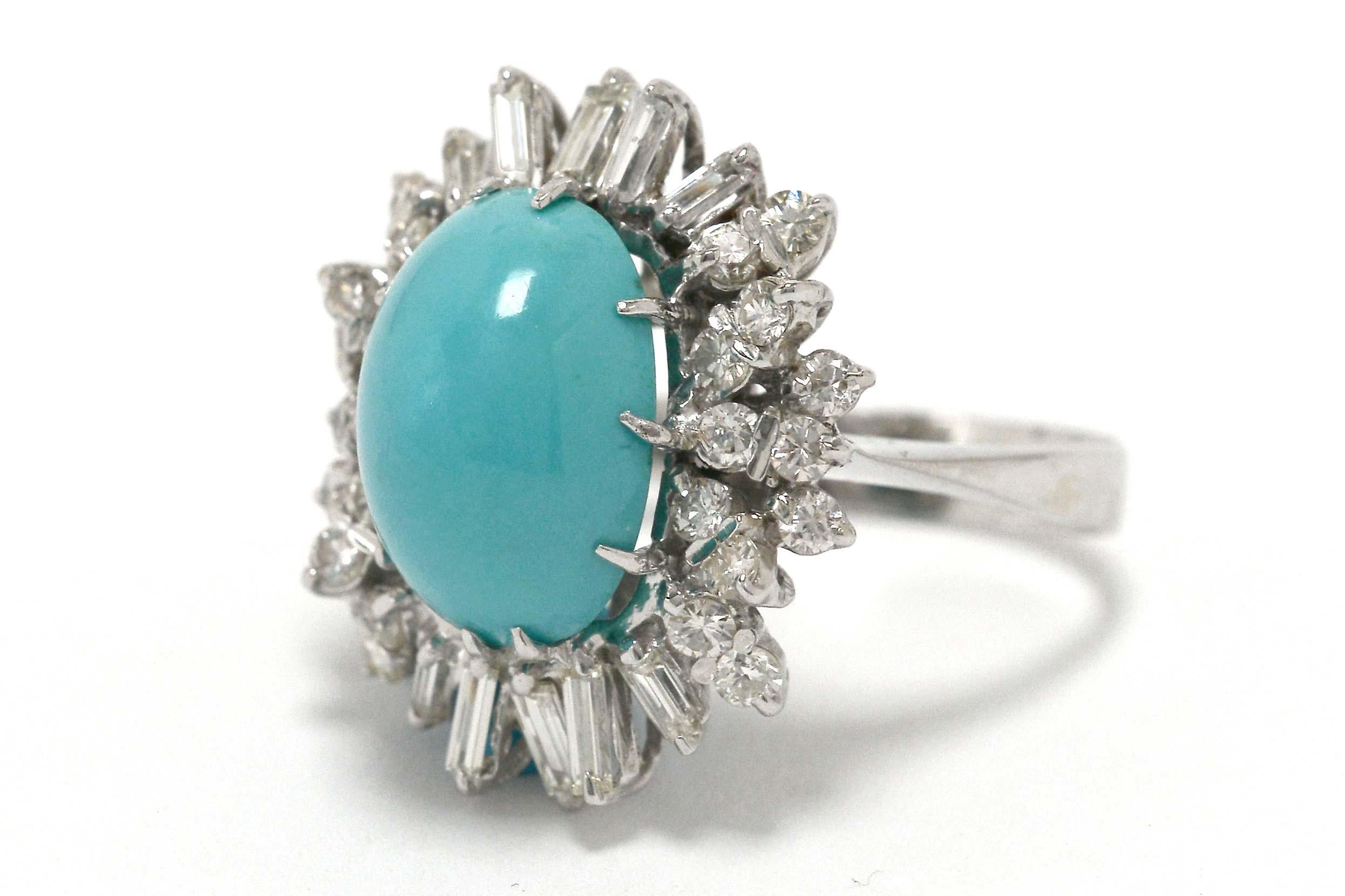 Oval Cut Persian Turquoise Diamond Cocktail Ring 8 Carat Oval Cabochon Dome White Gold 