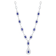 8 Carat Oval Cut Blue Sapphire and Diamond Necklace in 18K White Gold