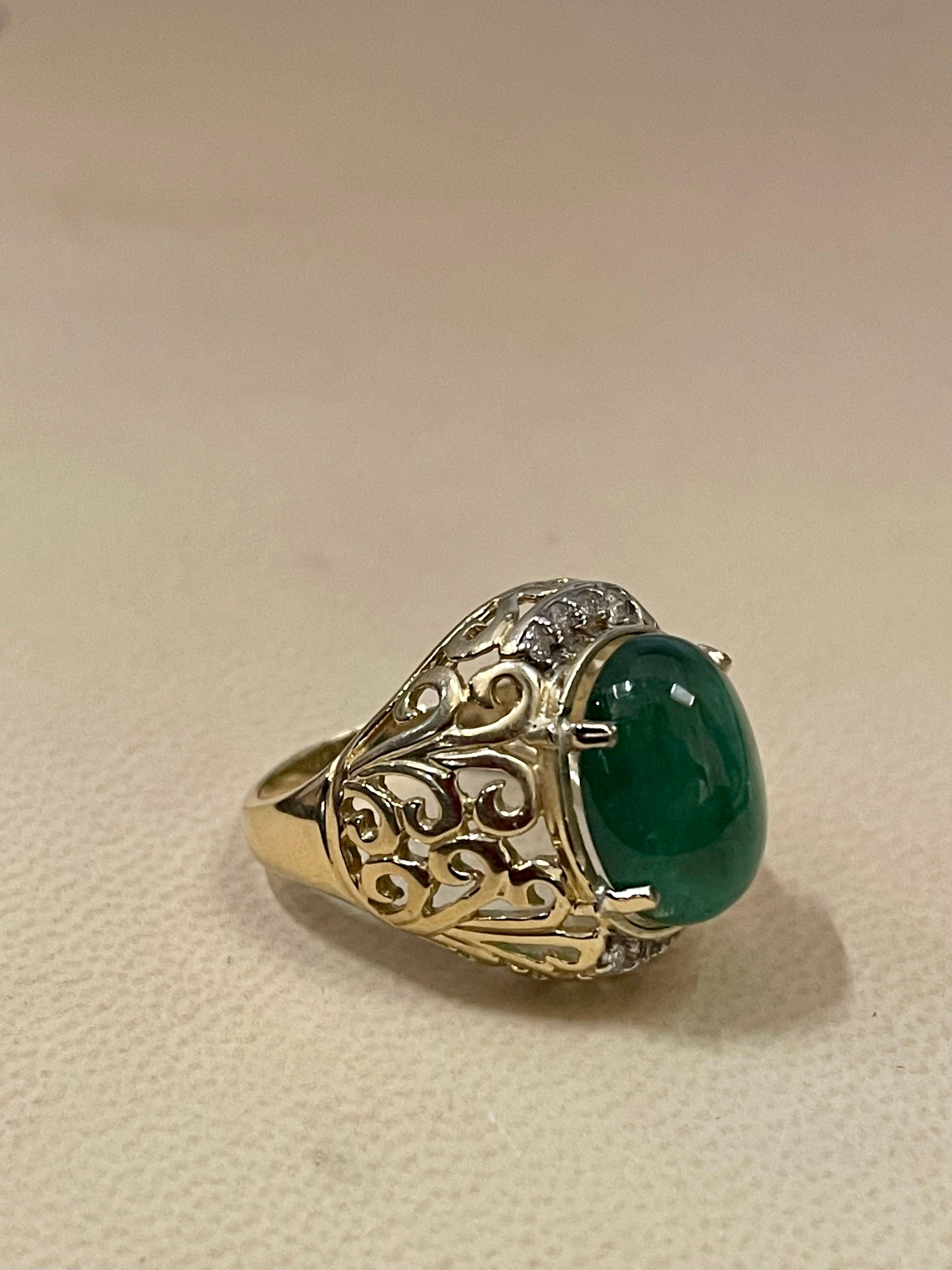 Women's 8 Carat Oval Emerald Cabochon & Diamond 14 Karat Yellow Gold Cocktail Ring