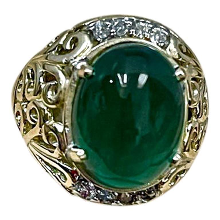 8 Carat Oval Emerald Cabochon & Diamond 14 Karat Yellow Gold Cocktail Ring