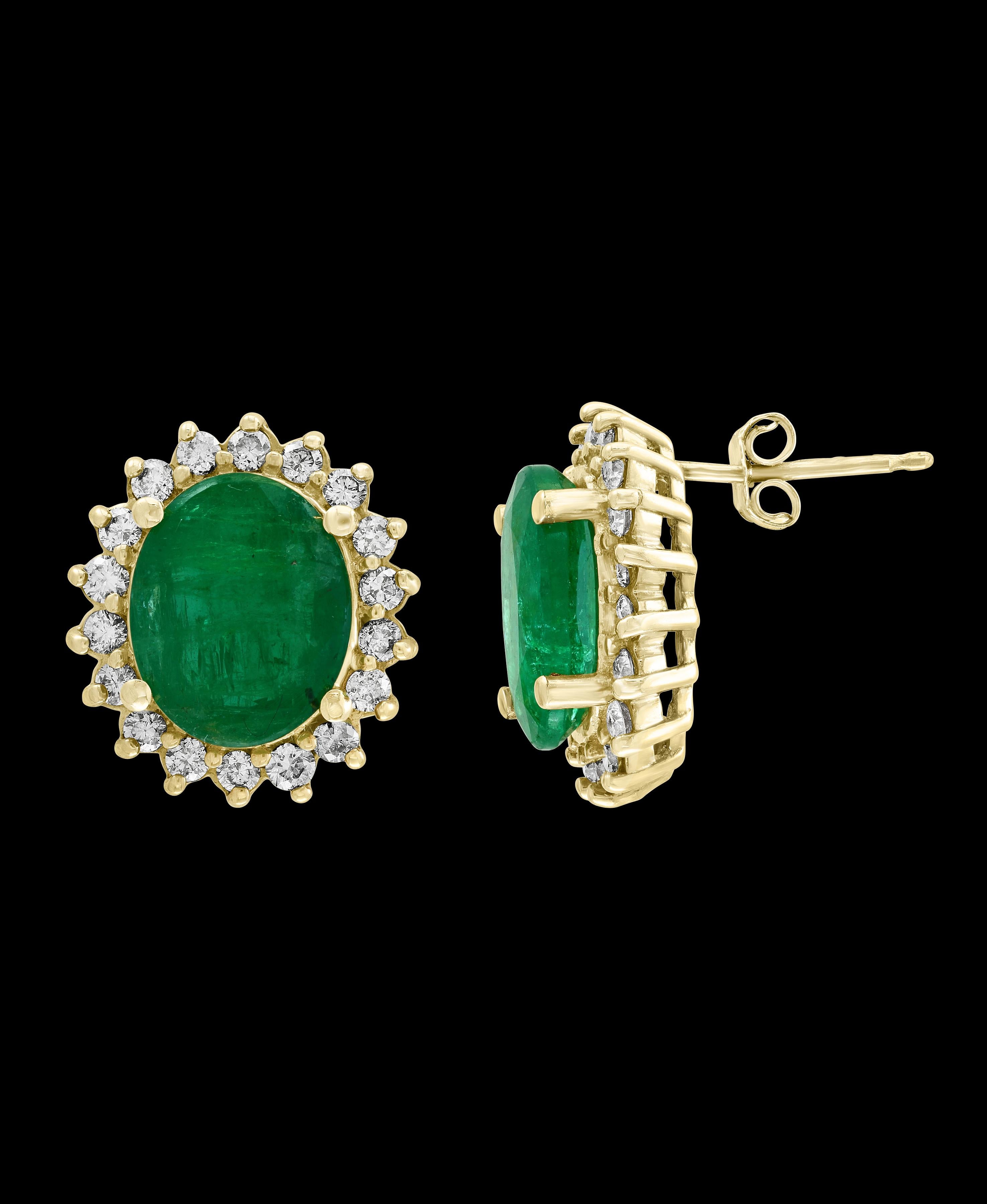 8 Carat Oval Emerald  Diamond Stud Earrings  14 Karat Gold Brand New
This exquisite pair of earrings are beautifully crafted with 14 karat yellow gold  weighing 16.3 grams
Two fine Emerald weighing approximately 8  carats are surrounded by 