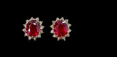 8 Carat Oval Treated Ruby & 1 Ct Diamond Stud Earrings 14 Karat Yellow Gold