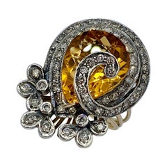8 Carat Pear Citrine 75 Diamond Cocktail Ring 14 Karat Gold Antique Retro
