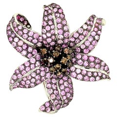 8 Carat Pink Sapphire and Brown Diamond White Gold "Flower" Brooch