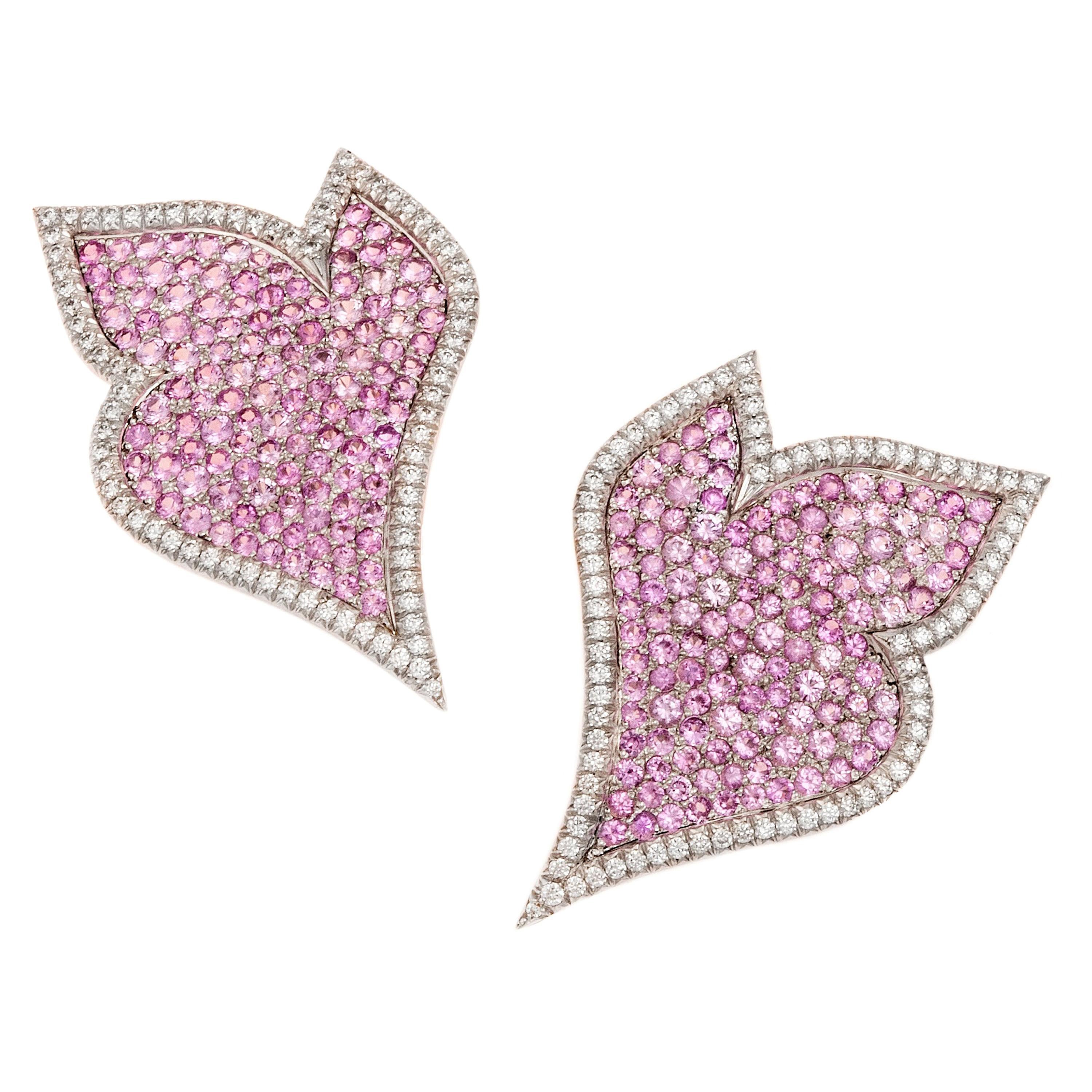 Boucles d'oreilles en or blanc 18 carats avec saphirs roses de 8 carats et diamants de 1,31 carat