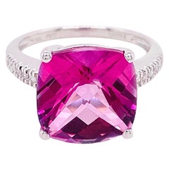 8 Carat Pink Topaz and Diamond Ring 14 Karat White Gold Cushion Cut Pink Topaz