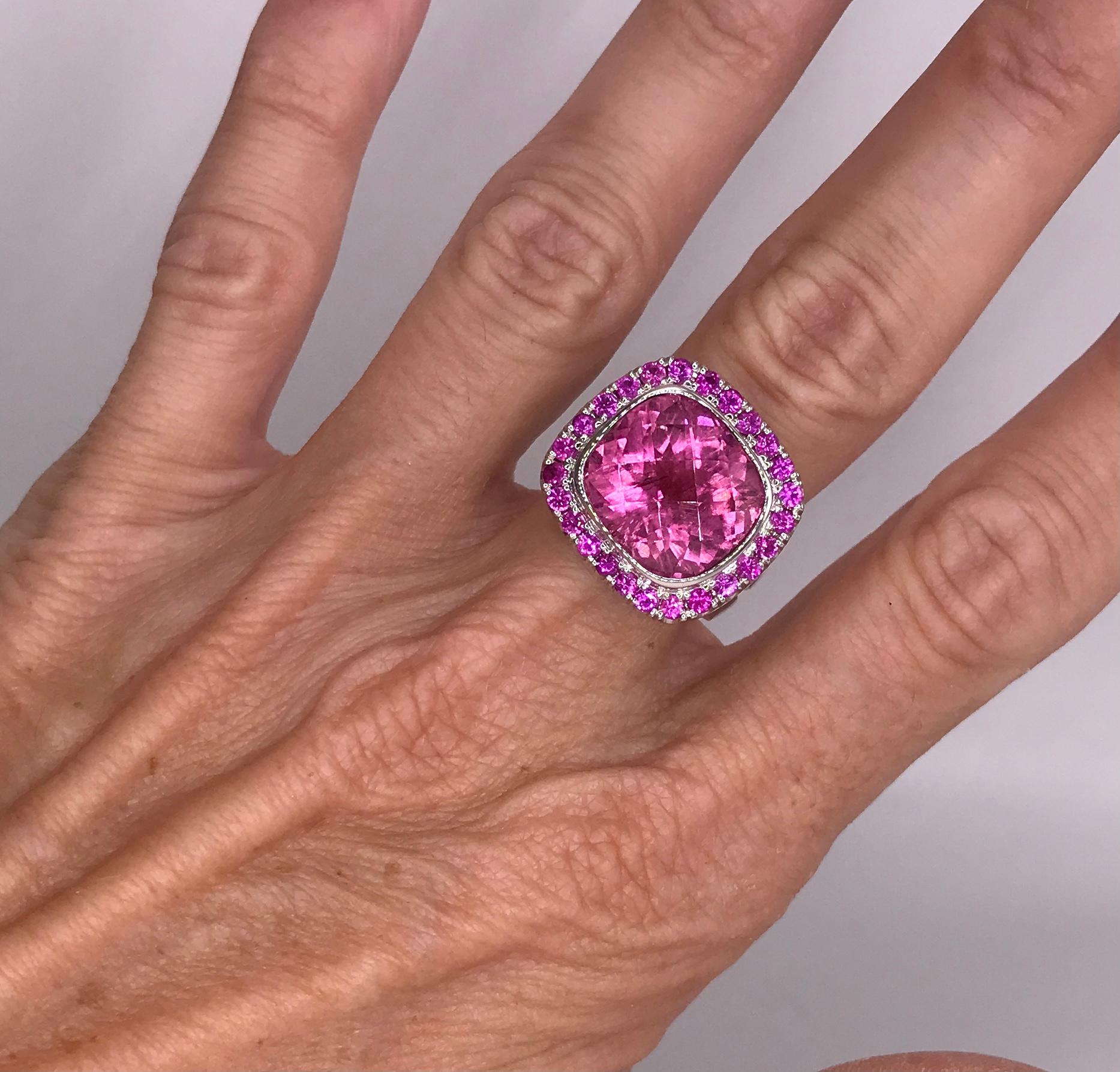 Mixed Cut 8 Carat Pink Tourmaline and Pink Sapphires Cocktail Ring For Sale